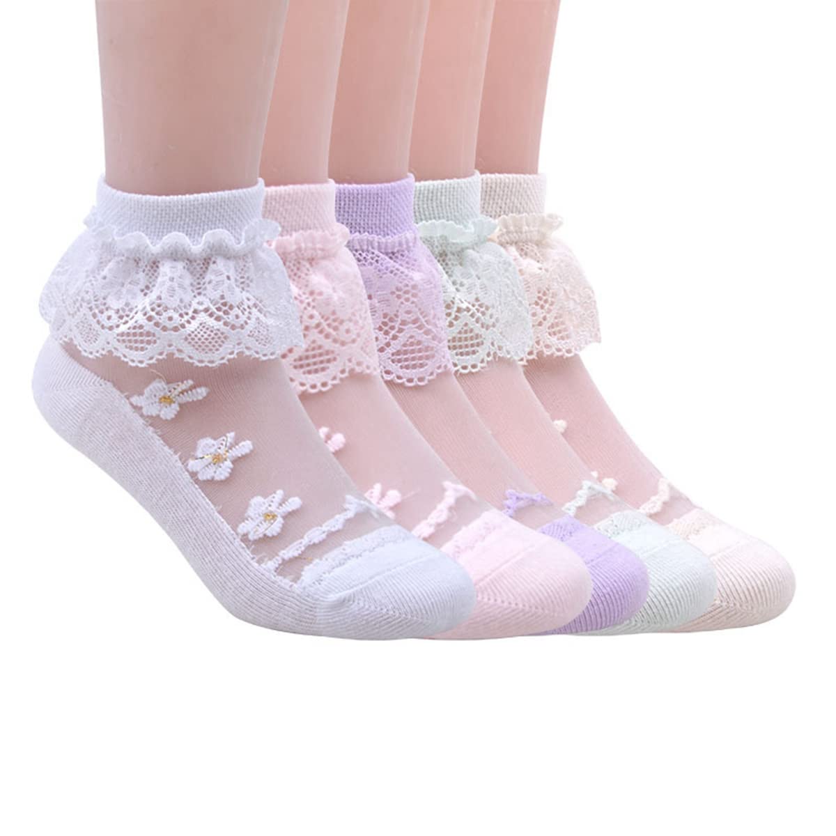 5 Pairs Hopply Ruffle Pageant Frilly Socks for Toddler Girls - White Lace Ankle Dress Socks, Summer Mesh Baby Socks for Women - Perfect for Parties, Pageants & Special Occasions