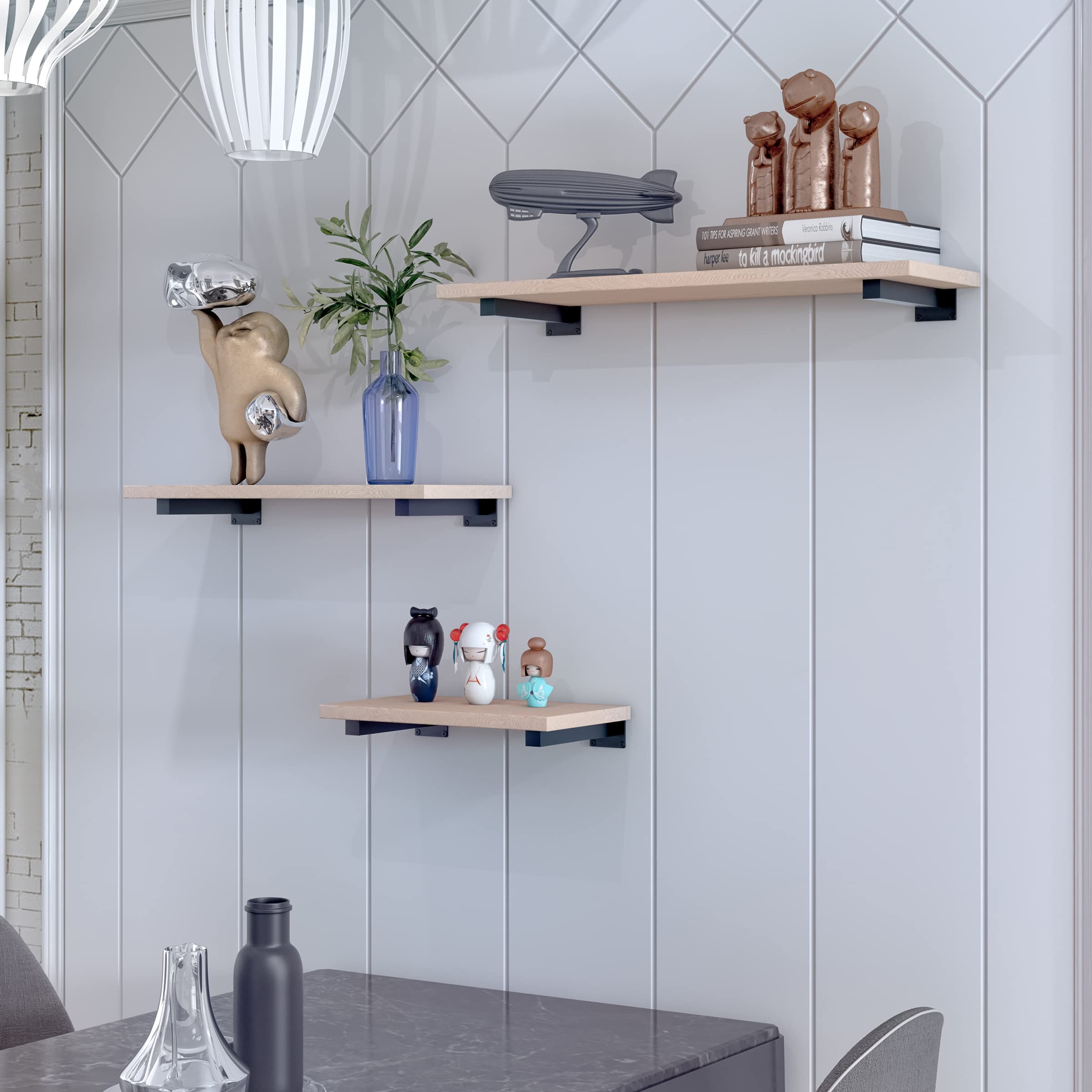 Heavy Duty 16 Inch Black Floating Shelf Brackets - Set of 4, Industrial Metal Wall Mounted Shelving Supports for Home Office, Kitchen & Bathroom Storage