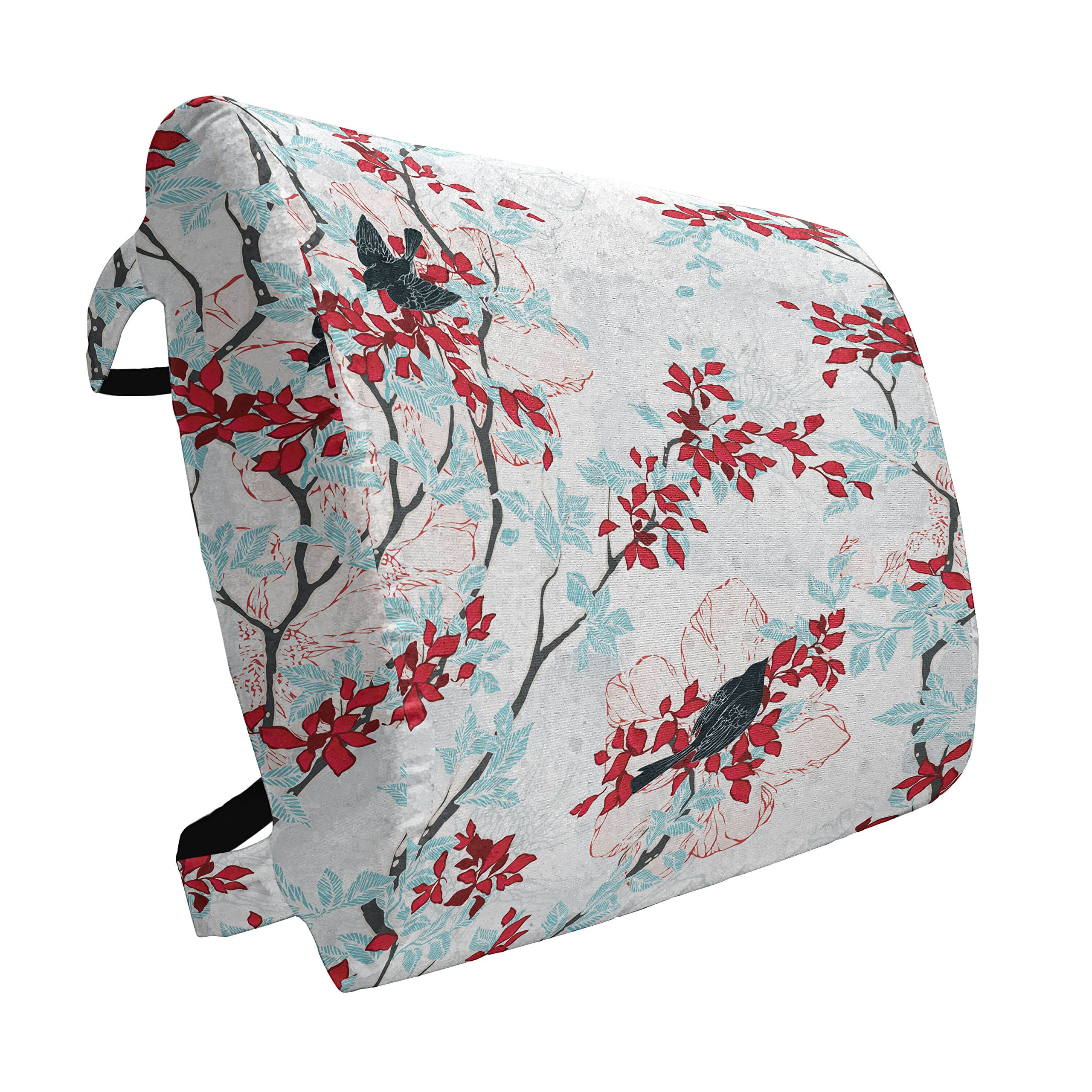 Ambesonne Spring Lumbar Support Pillow - Vintage Chinese Floral Design with Hummingbirds, High Density Foam for Office Chair & Car Seat, 14x13 Inches, Pale Blue Red White - Perfect for Back Pain Relief & Home/Office Decor