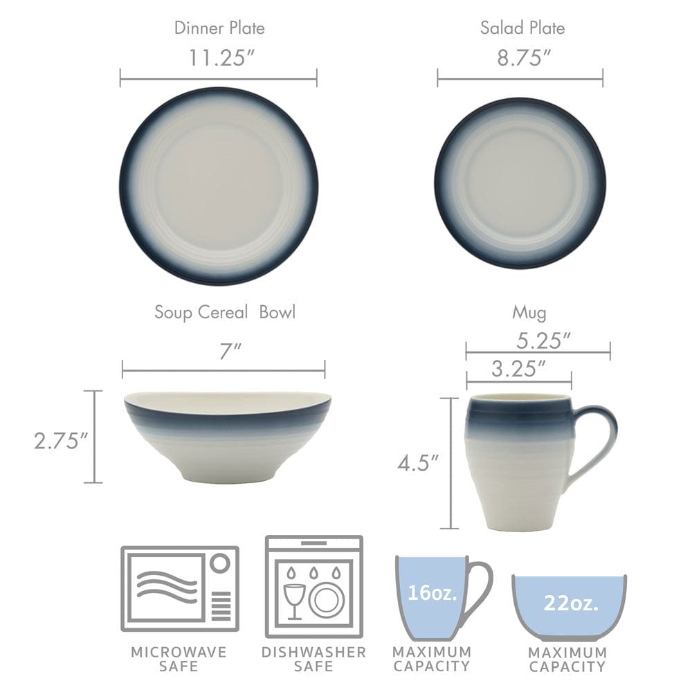 Swirl Ombre Blue 16-Piece Dinnerware Set - Service for 4 | Elegant Tableware for Dinner Parties, Family Gatherings & Special Occasions
