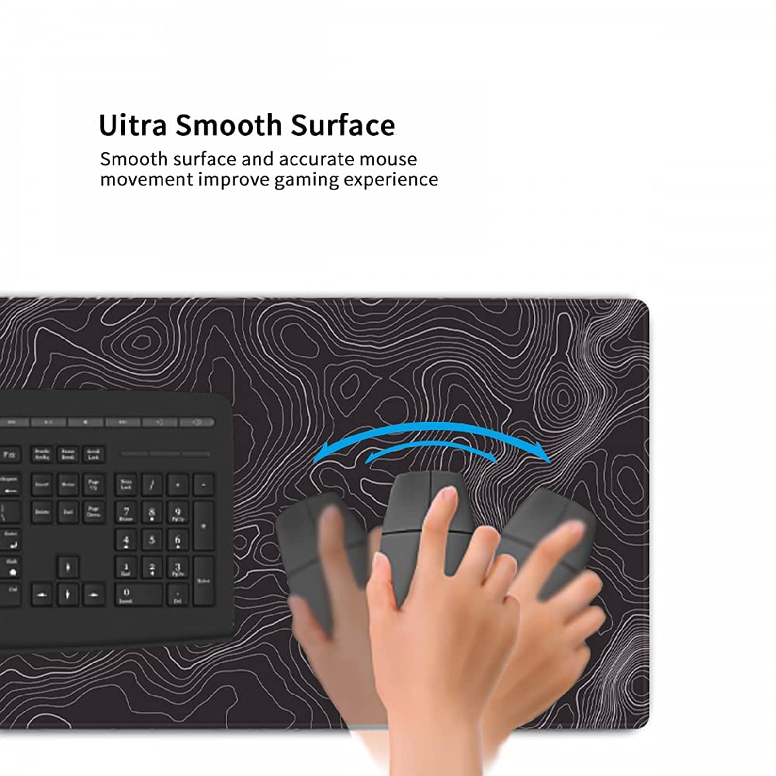 AQQA Black and White Topographic Line Mouse Pad - 31.5 x 11.8 Inch XL Gaming Desk Mat with Non-Slip Rubber Base - Professional Large Mouse Pad for Office, Laptop, PC Gaming - Perfect for Work, Gaming & Home Office Setup