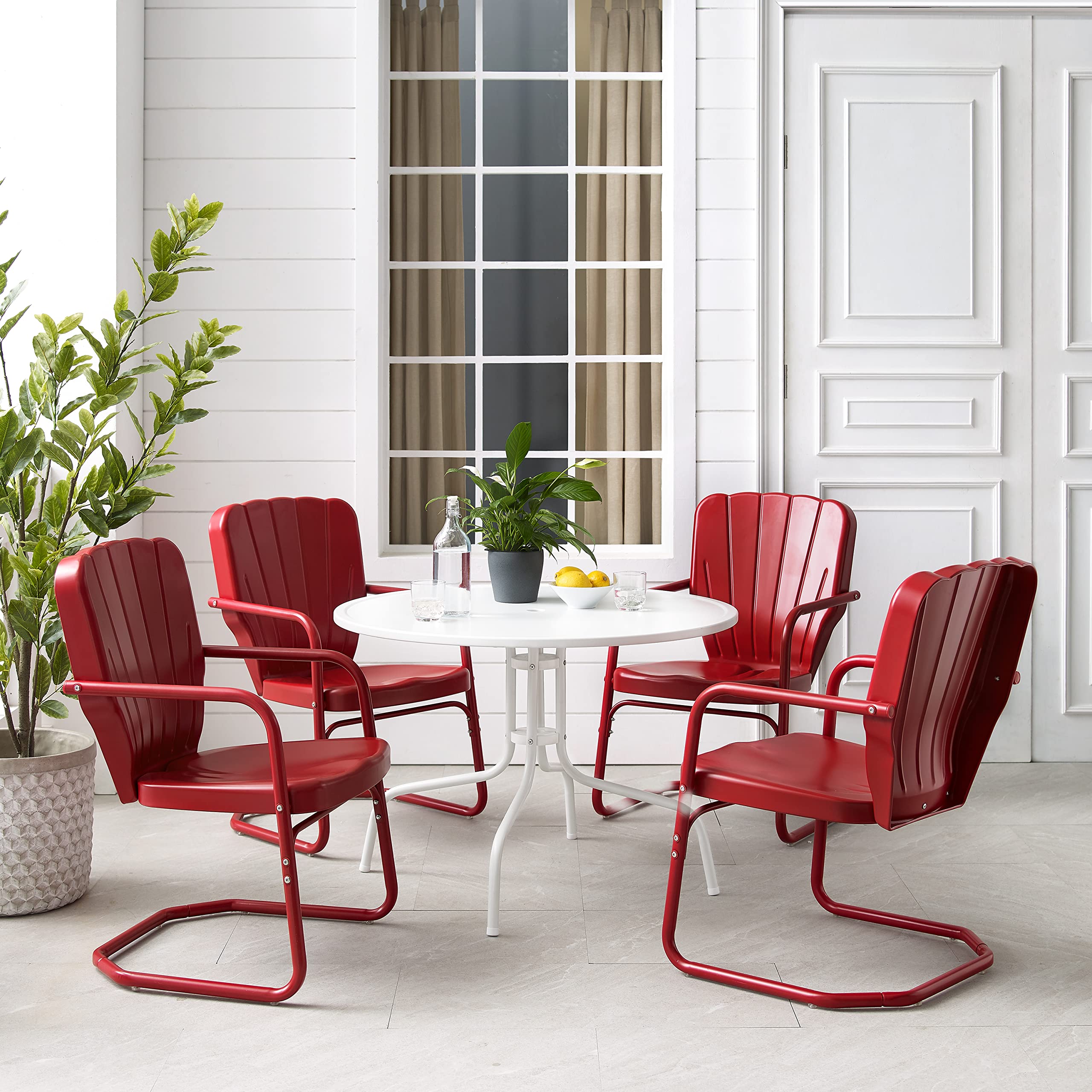 **Crosley Ridgeland 5-Piece Outdoor Dining Set for 4 - Retro Metal Round Patio Table & Chairs with Bright Red Glossy Finish - Perfect for Backyard, Garden, and Poolside Gatherings**
