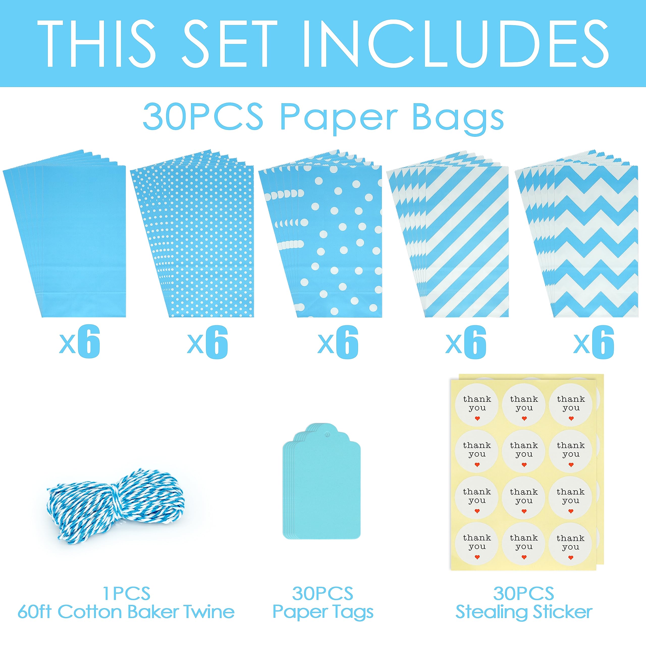 SMINTINE 30-Pack Blue Goodie Bags with Thank You Stickers - 5x3x9 Inch Blue Paper Gift Bags with Cotton Bakers Twine - Perfect for Kids Birthday Party Favors, Baby Shower Gifts, Wedding Favors & Holiday Treat Bags