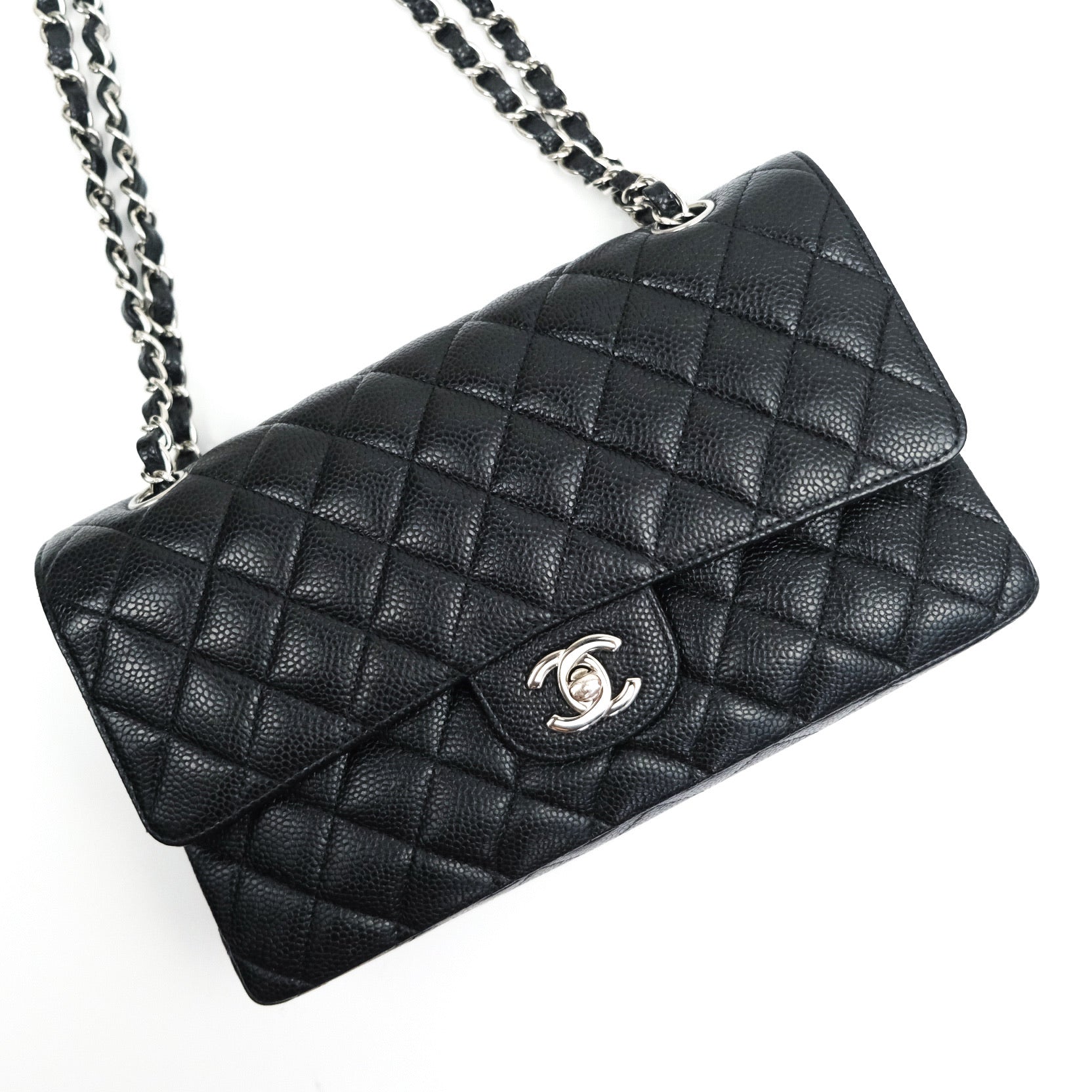 Chanel Classic Double Flap Bag M/L Size in Black Caviar Leather with Silver Hardware - Luxury Handbag for Women, Perfect for Work, Evening Events & Special Occasions