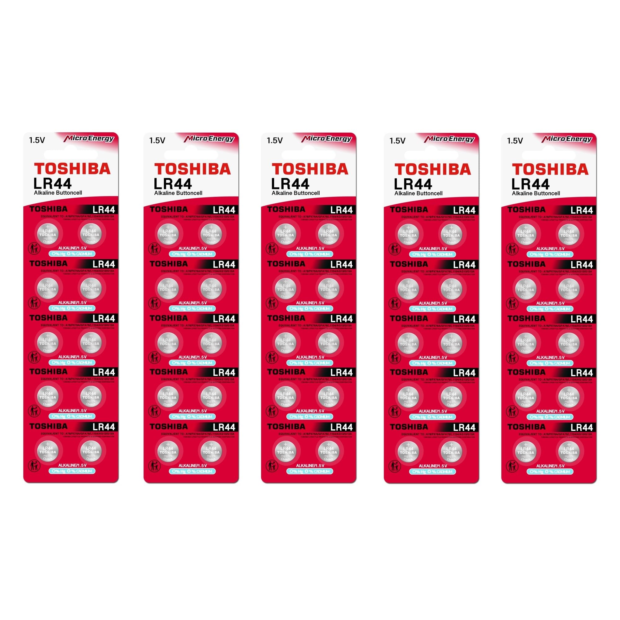 Toshiba LR44 1.5V Alkaline Button Cell Batteries (50-Pack) - Perfect for Watches, Calculators, Toys, and Small Electronics