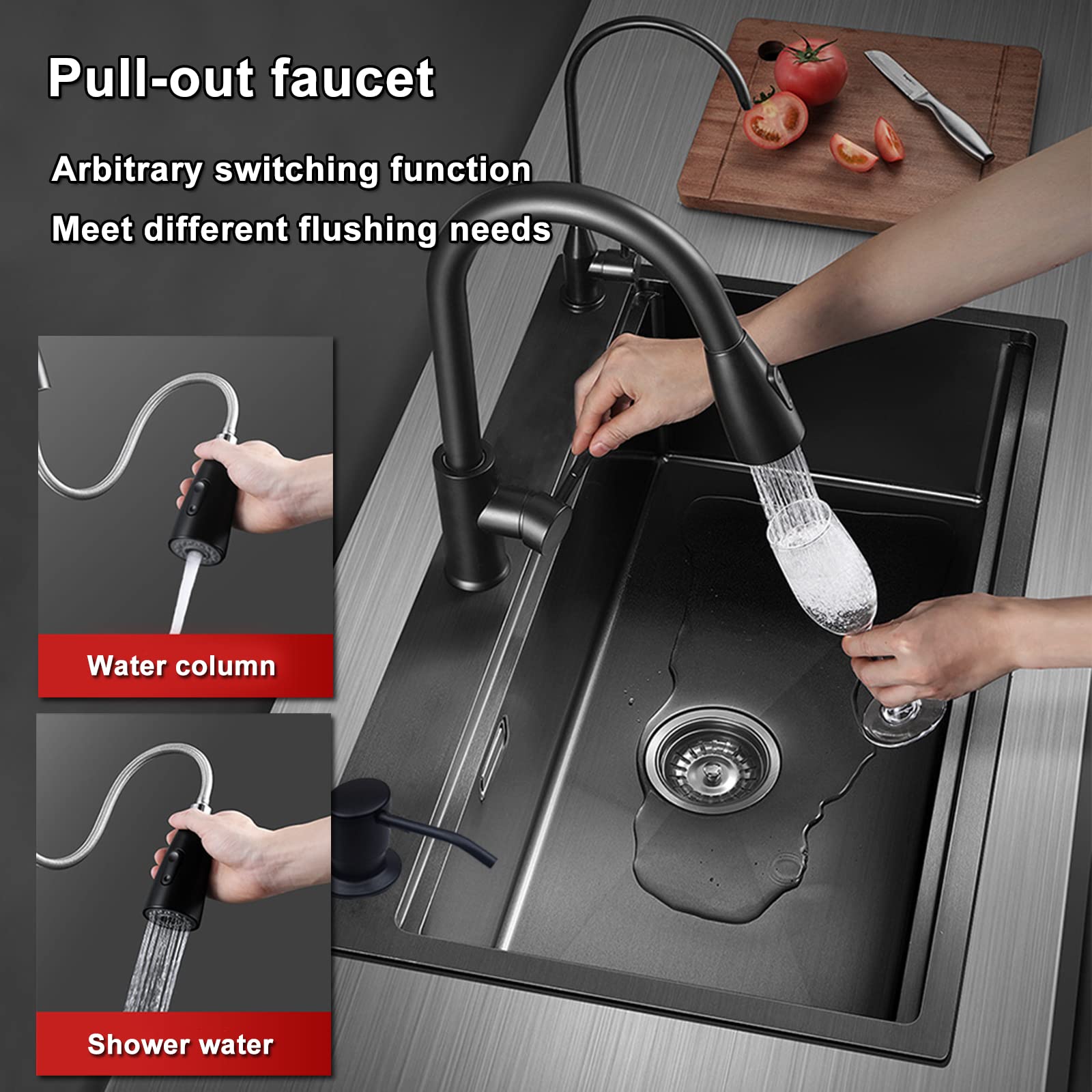 **Premium 304 Stainless Steel Undermount Single Bowl Kitchen Sink with Faucet - Large Capacity, Thick Nano Black Finish for Home Use - Perfect for Busy Kitchens, Cooking, and Dishwashing**