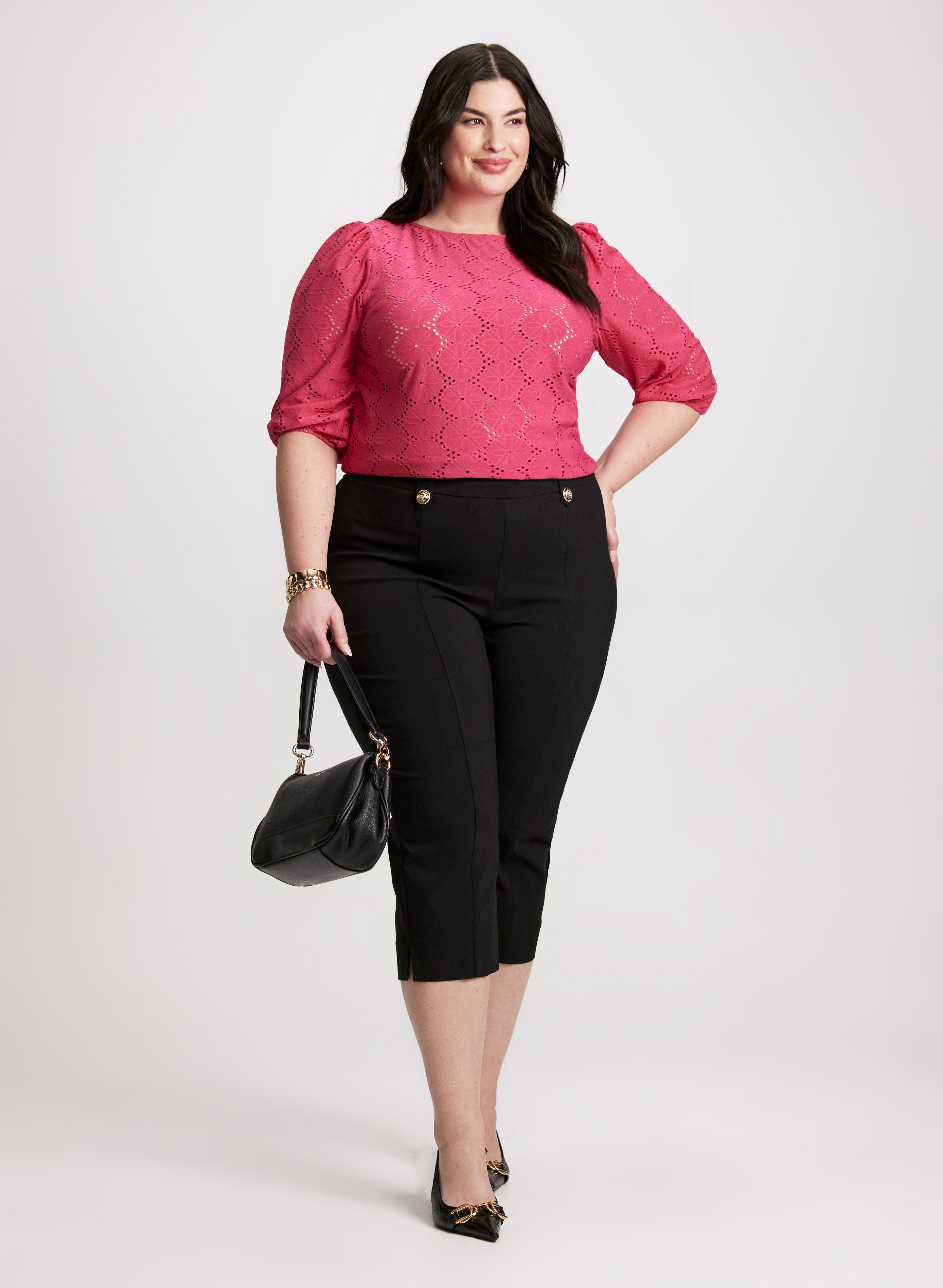 Boat Neck Eyelet Top & Side Slit Pull On Pants Set - Women's Casual Summer Outfit for Beach, Vacation, and Date Night