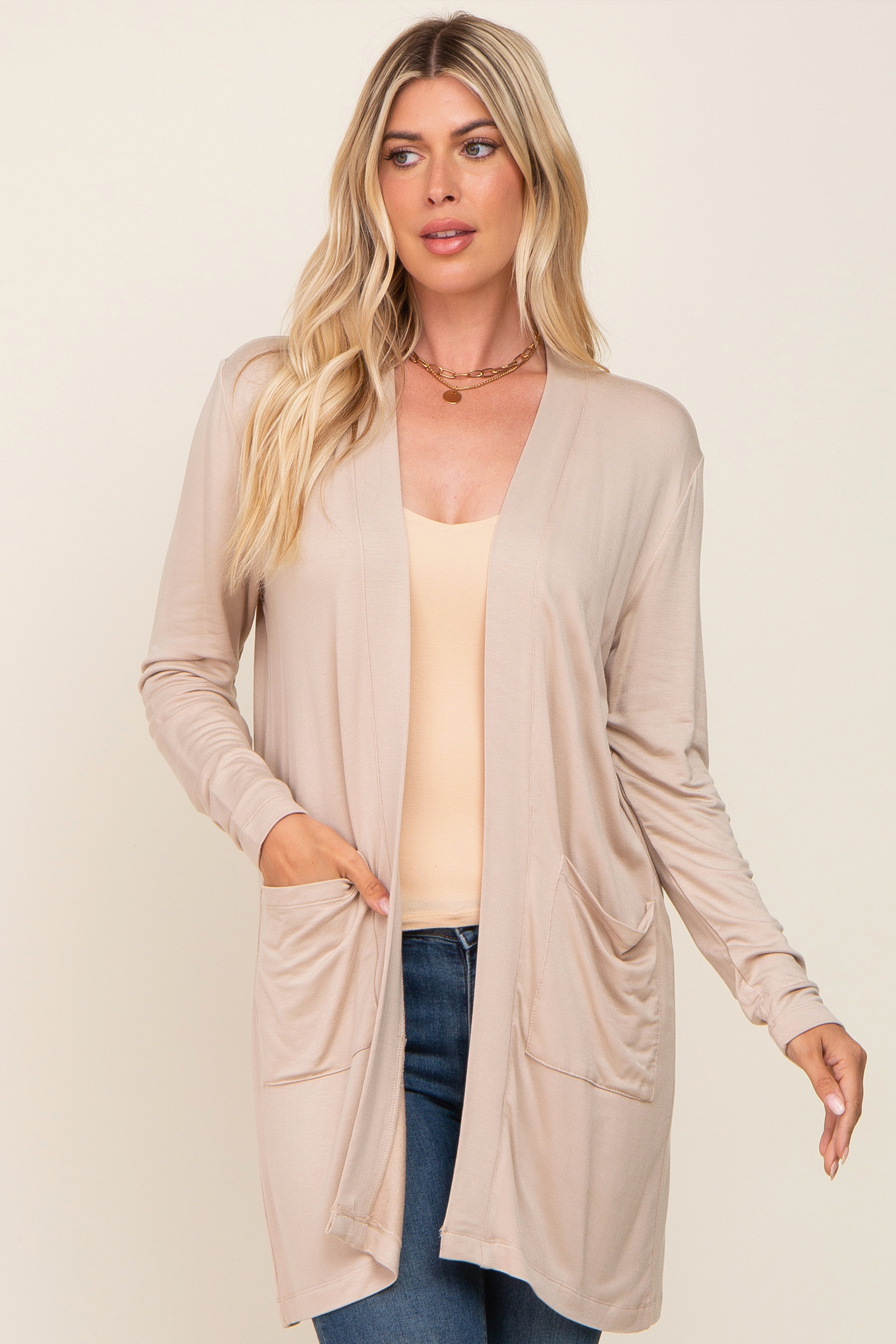 Beige Open Front Cardigan with Side Pockets - Cozy Knit Sweater for Women | Perfect for Casual Outfits, Layering & Fall Fashion