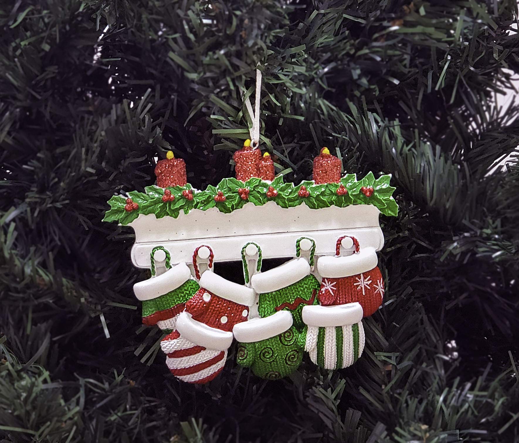 Personalized Christmas Ornaments - Red & Green Knit Mitten Family Set of 7 with Stocking Hanger & Candles - 2019 Custom Holiday Decor for Fireplace Mantel, Christmas Tree, and Festive Home Decoration