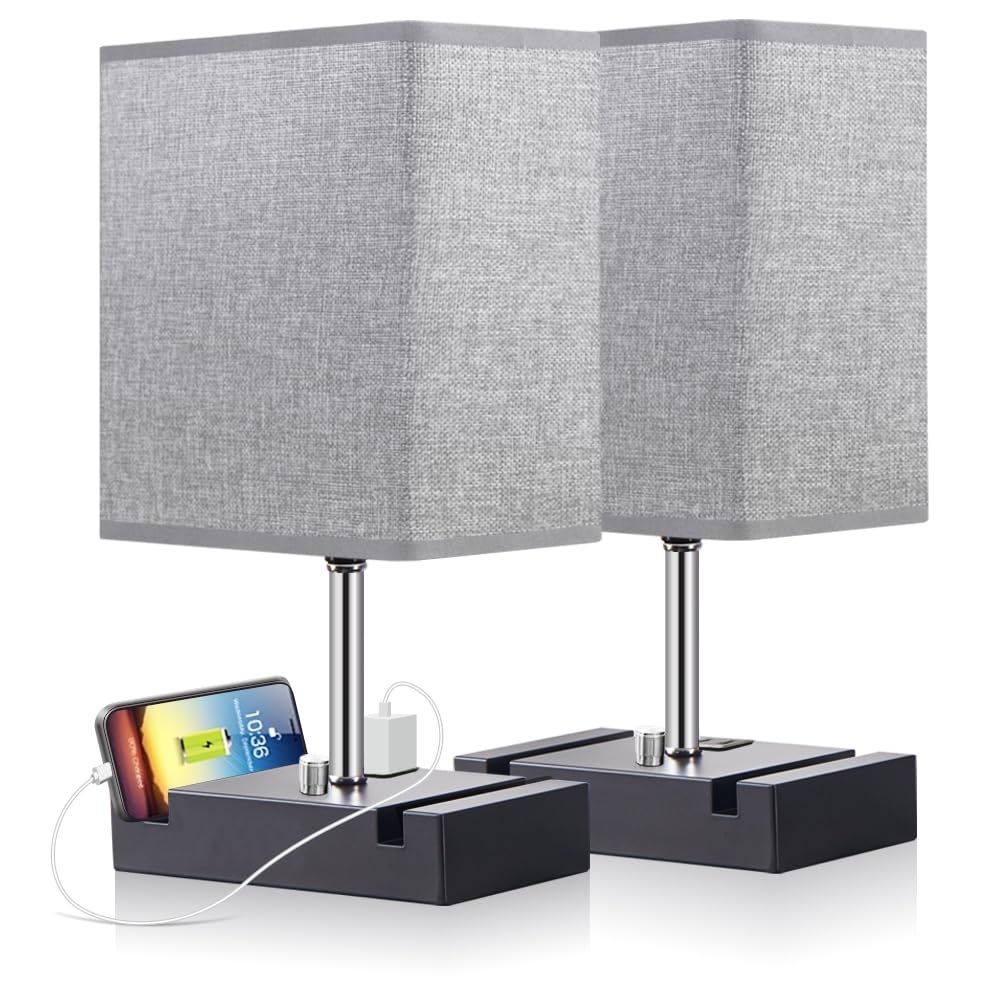 Dimmable LED Table Lamps with USB Charging Ports & Phone Stands - Modern Nightstand & Desk Lamp Set of 2 for Bedroom, Office, Living Room & Study - Perfect for Reading, Working & Phone Charging