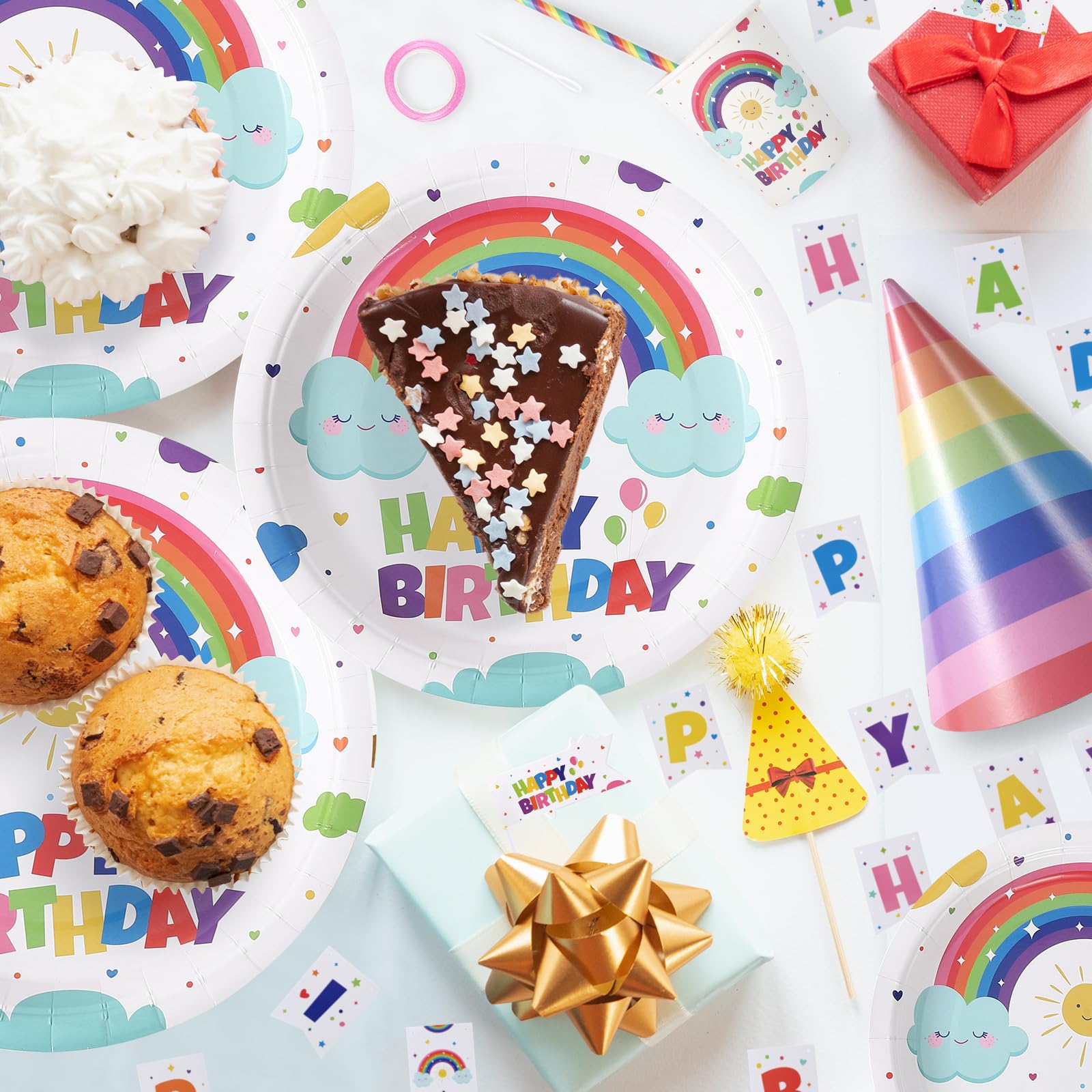 GARVEE 151-Piece Disposable Birthday Party Dinnerware Set - Rainbow Color Paper Plates, Cups & Napkins - Halloween Tableware for 25 Guests - Perfect for Birthday Celebrations, Baby Showers & Holiday Parties