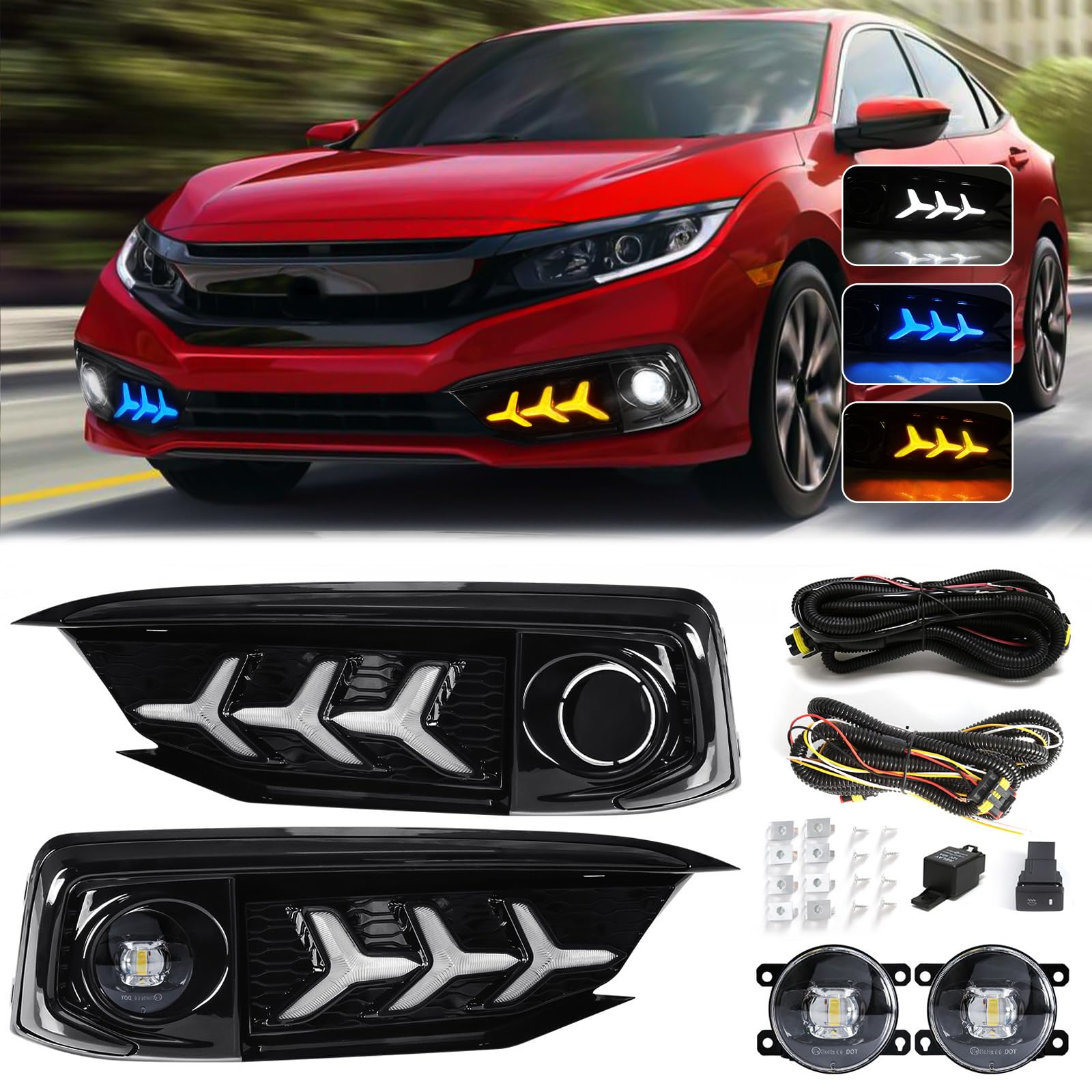 2019-2020 Honda Civic LED Daytime Running Lights (DRL) & Tri-Color Fog Lights Kit with Wiring Harness - Upgrade Front Lighting for Enhanced Visibility & Style