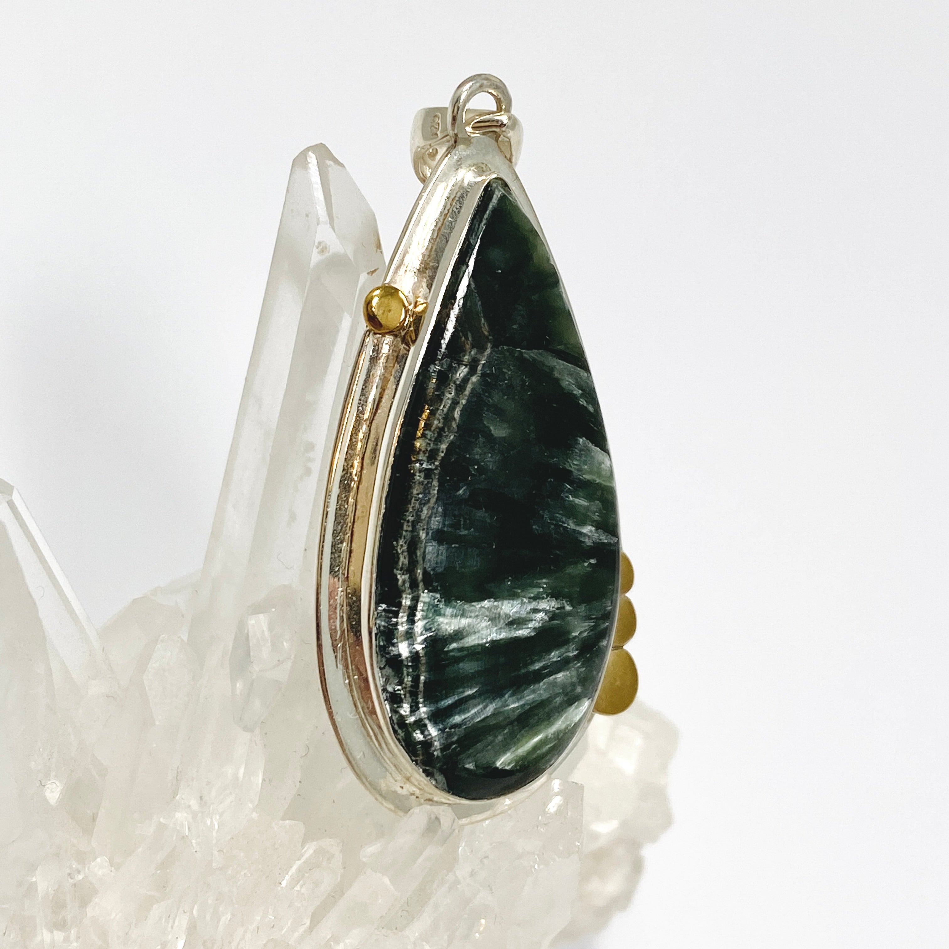 Seraphinite Teardrop Cabochon Pendant Necklace - 925 Sterling Silver Decorative Setting KPGJ4843 | Healing Crystal Jewelry for Meditation & Spiritual Gifts