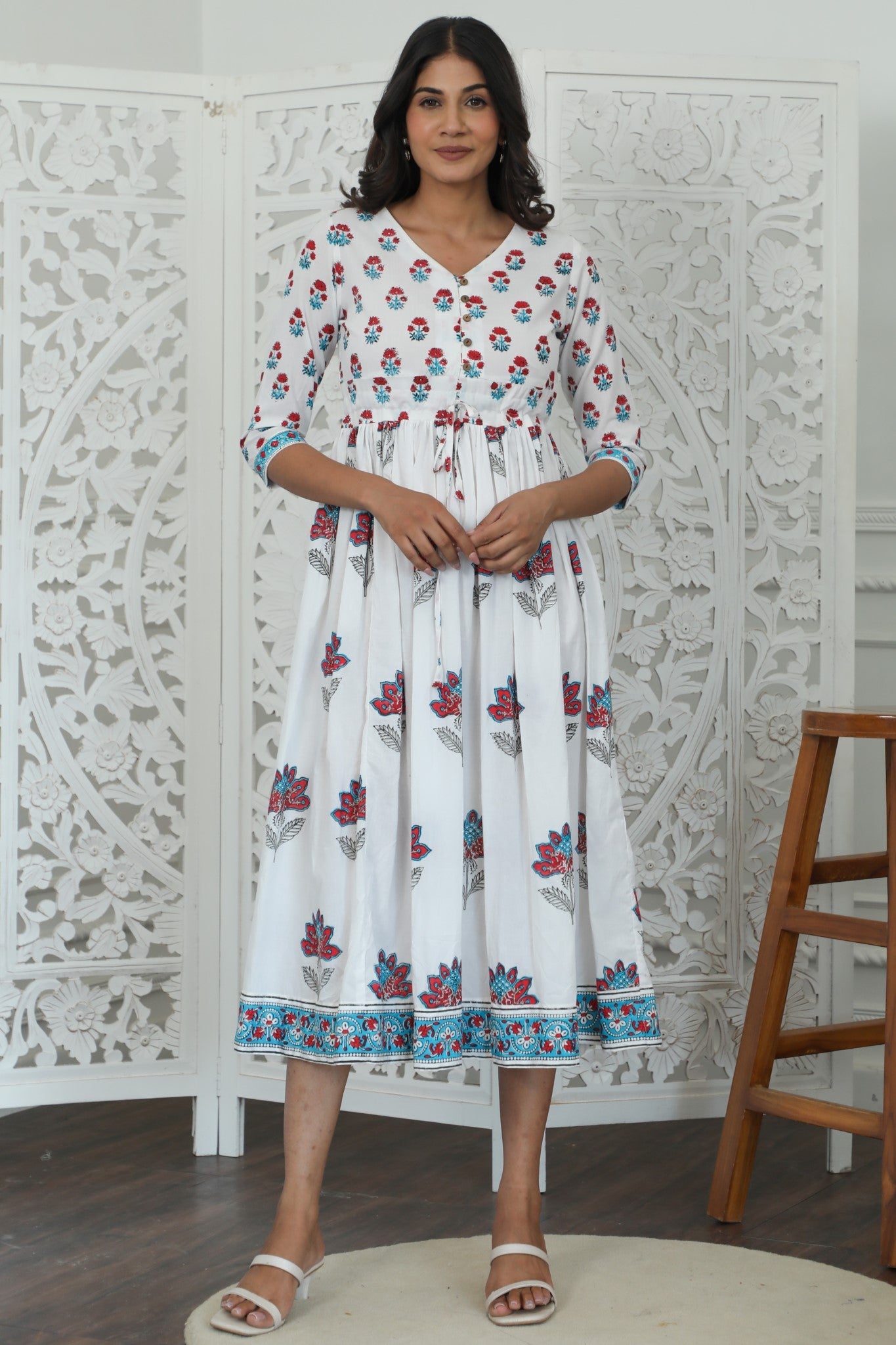 Celeste Azofree Handblock Printed Pure Cotton Dress - Women's Boho Chic Summer Maxi Dress for Beach, Vacation & Casual Wear
