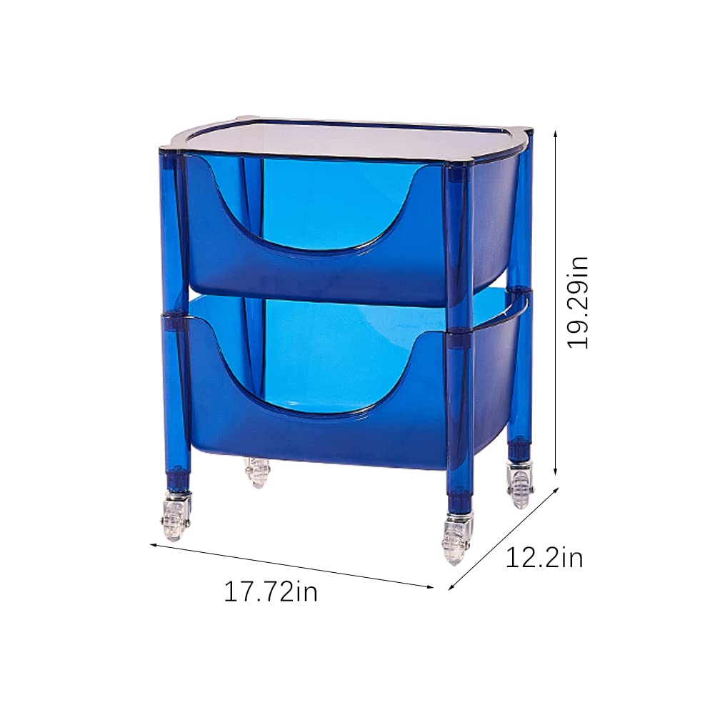 2-Tier Rolling Storage Cart with Wheels - Acrylic Mobile Organizer Shelf with Drawers for Bedroom, Bathroom & Kitchen | Royal Blue Storage Trolley for Home Organization & Decoration