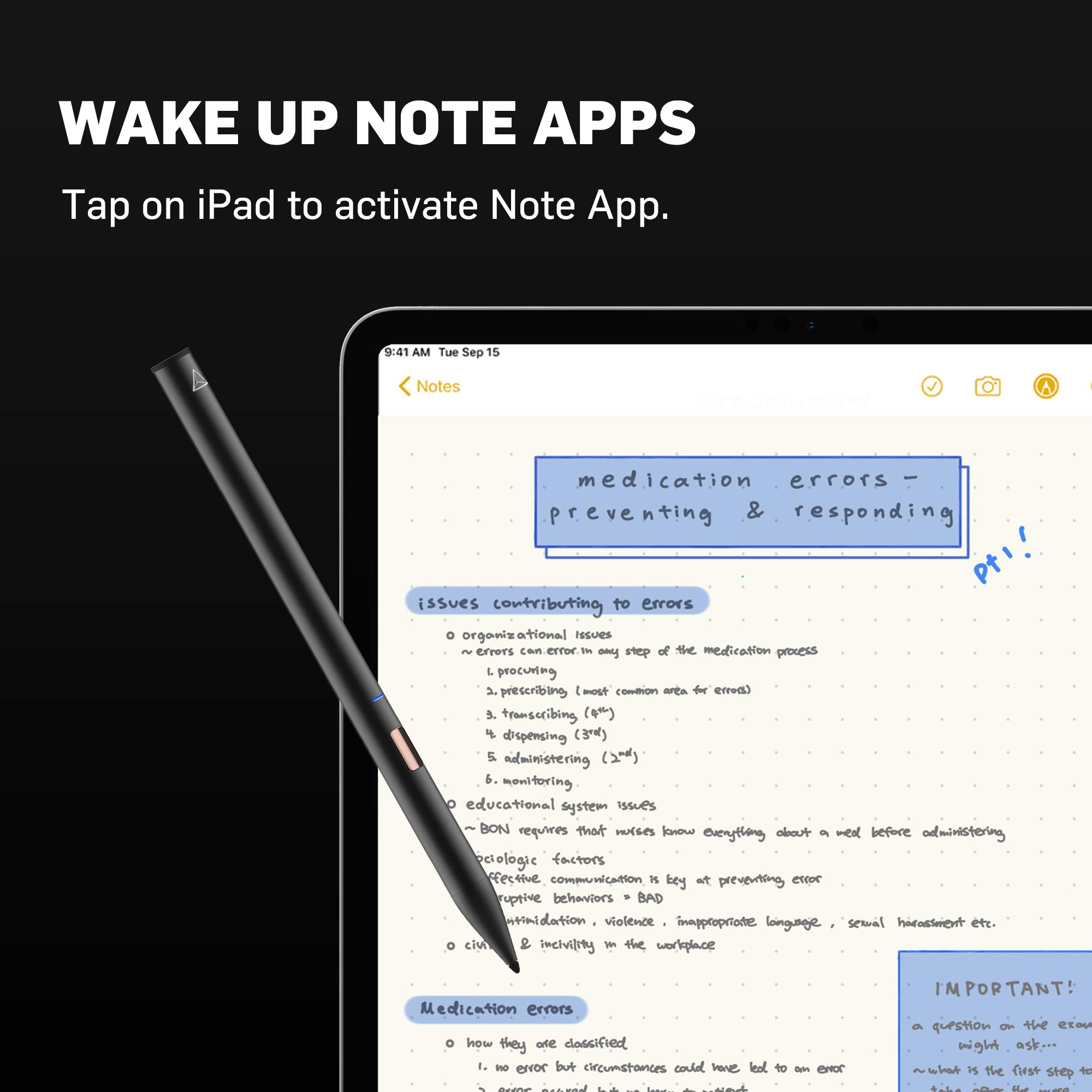 Adonit Note2 Black Stylus Pen for iPad - Dustproof & Waterproof, Palm Rejection, 24H Battery - Compatible with iPad Pro/Air/Mini - Perfect for Digital Art, Note Taking & Professional Drawing