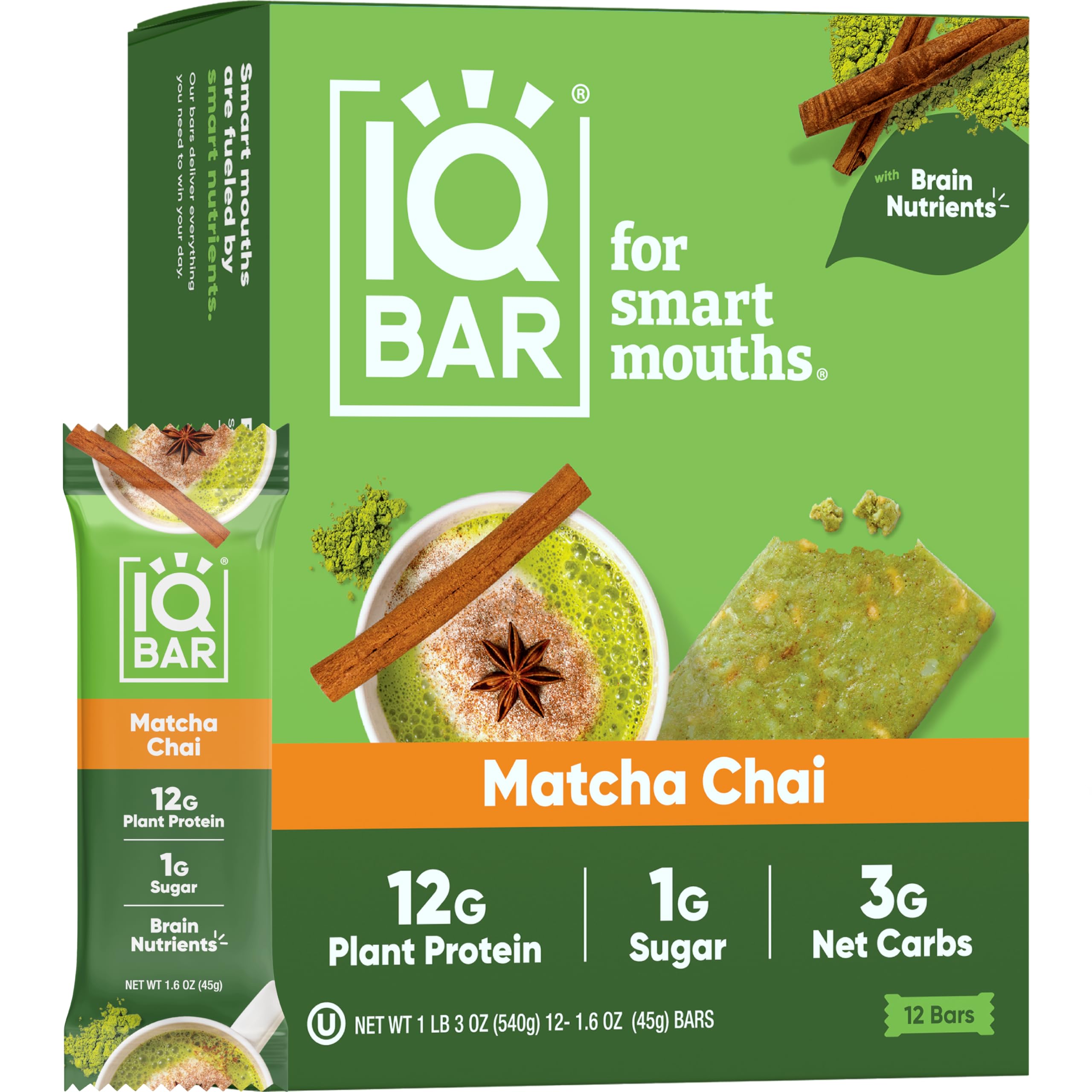 IQBAR Brain and Body Plant Protein Bars - Matcha Chai Flavor - 12 Pack Low Carb Vegan Snacks | Gluten Free, High Fiber, Keto Friendly | Healthy Meal Replacement for Workout, Travel & On-the-Go Energy Boost