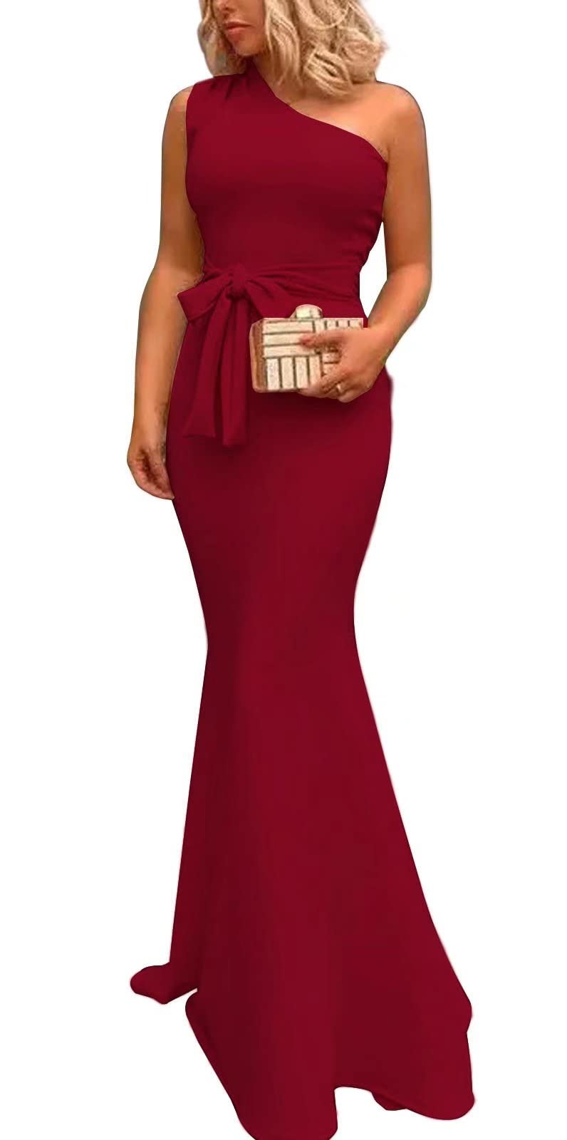 Sexy One Shoulder Sleeveless Bodycon Dress for Women - Bow Waist Mermaid Maxi Gown for Wedding Guest, Party & Evening Events