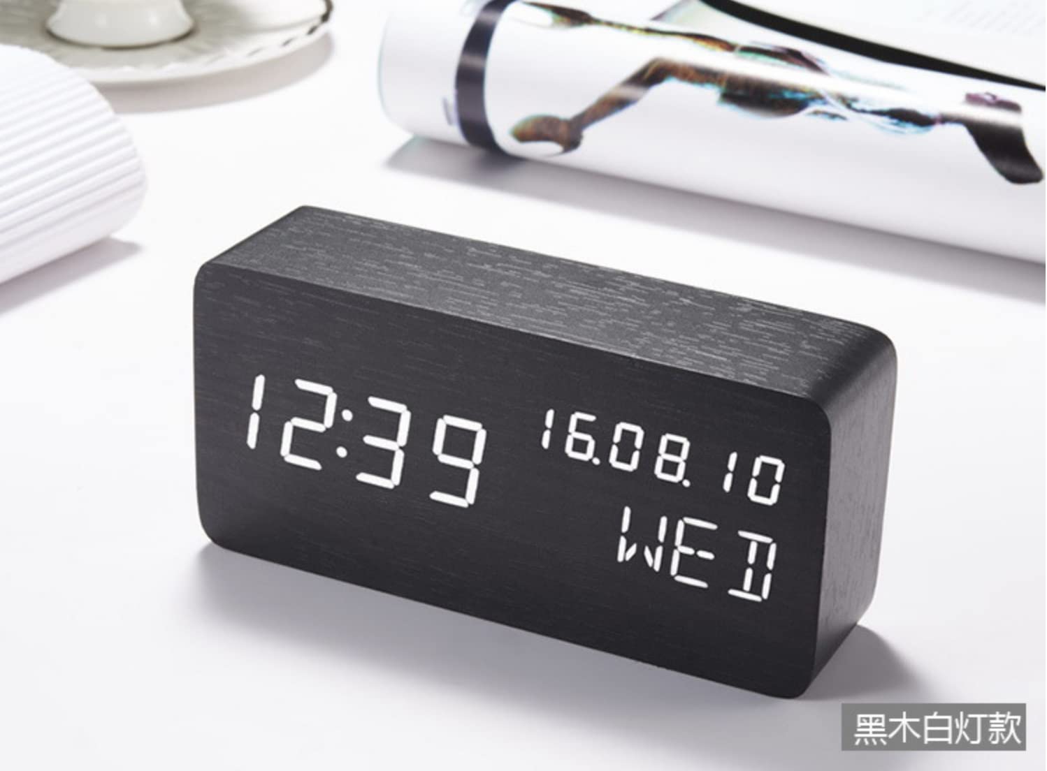 **Wooden Digital Alarm Clock with Large LED Display - Shows Time, Date (MM/DD/YY), Day, Temperature & Nightlight - Portable for Bedroom, Office, School, Home - Perfect for Nightstands, Desks & Travel (Black)**