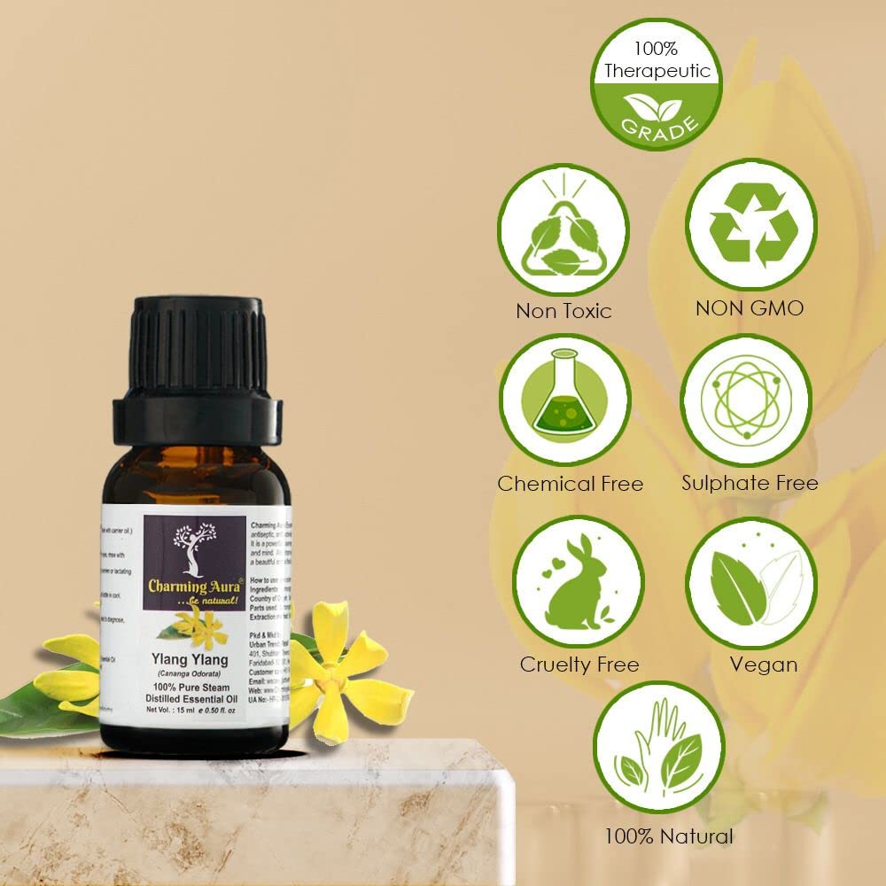 Ylang Ylang Essential Oil 100% Pure & Natural - Therapeutic Grade for Skin Care, Hair Growth, Immunity Boost, Face & Body - Aromatherapy Diffuser, Massage, Relaxation (15ml)