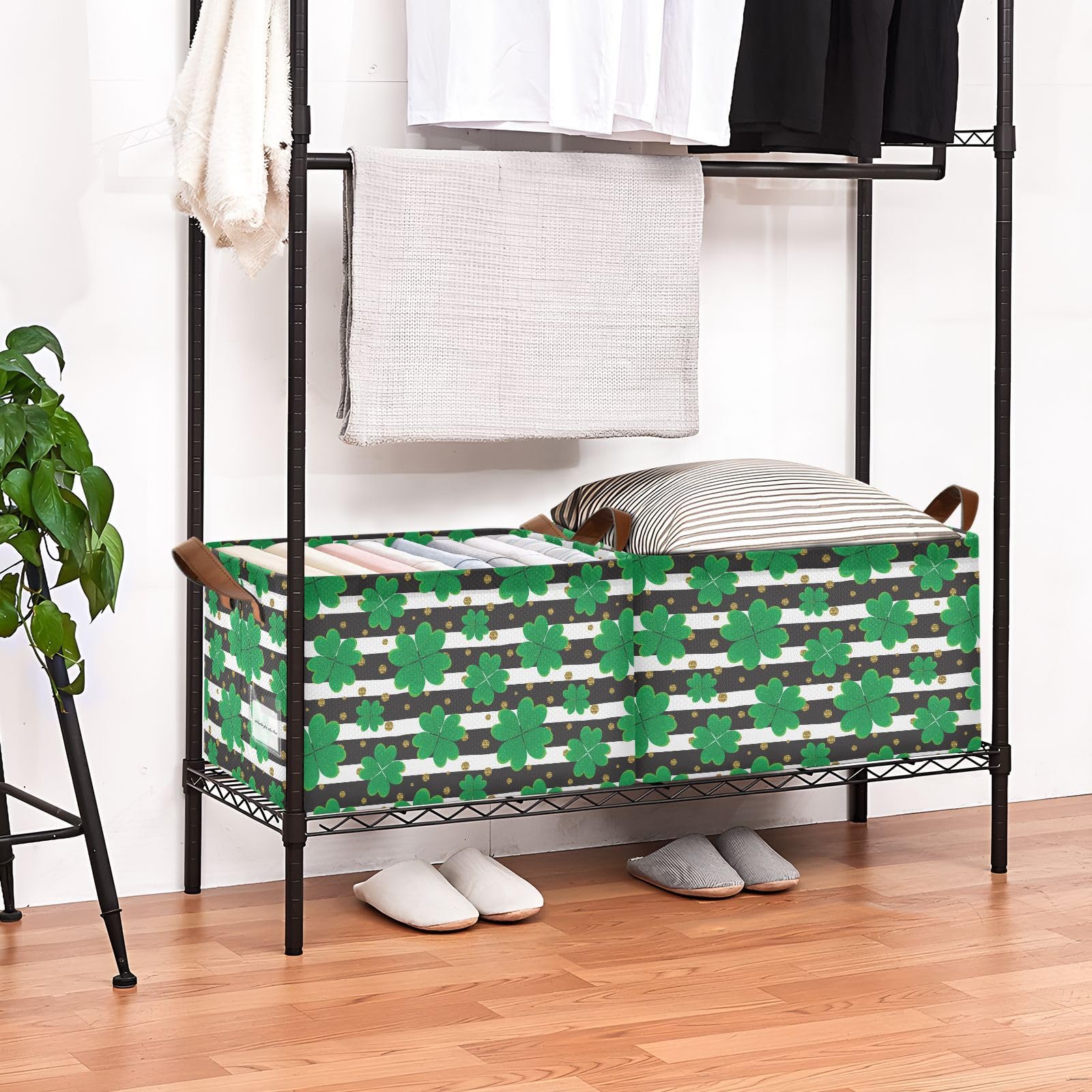 St. Patrick's Day Shamrock Black White Striped Foldable Storage Basket with Handles & Labels - Collapsible Organizer Bin for Home, Room, Shelves - Large Decorative Cube Baskets (2 Pack) - Perfect for Holiday Decor, Gift Giving & Home Organization