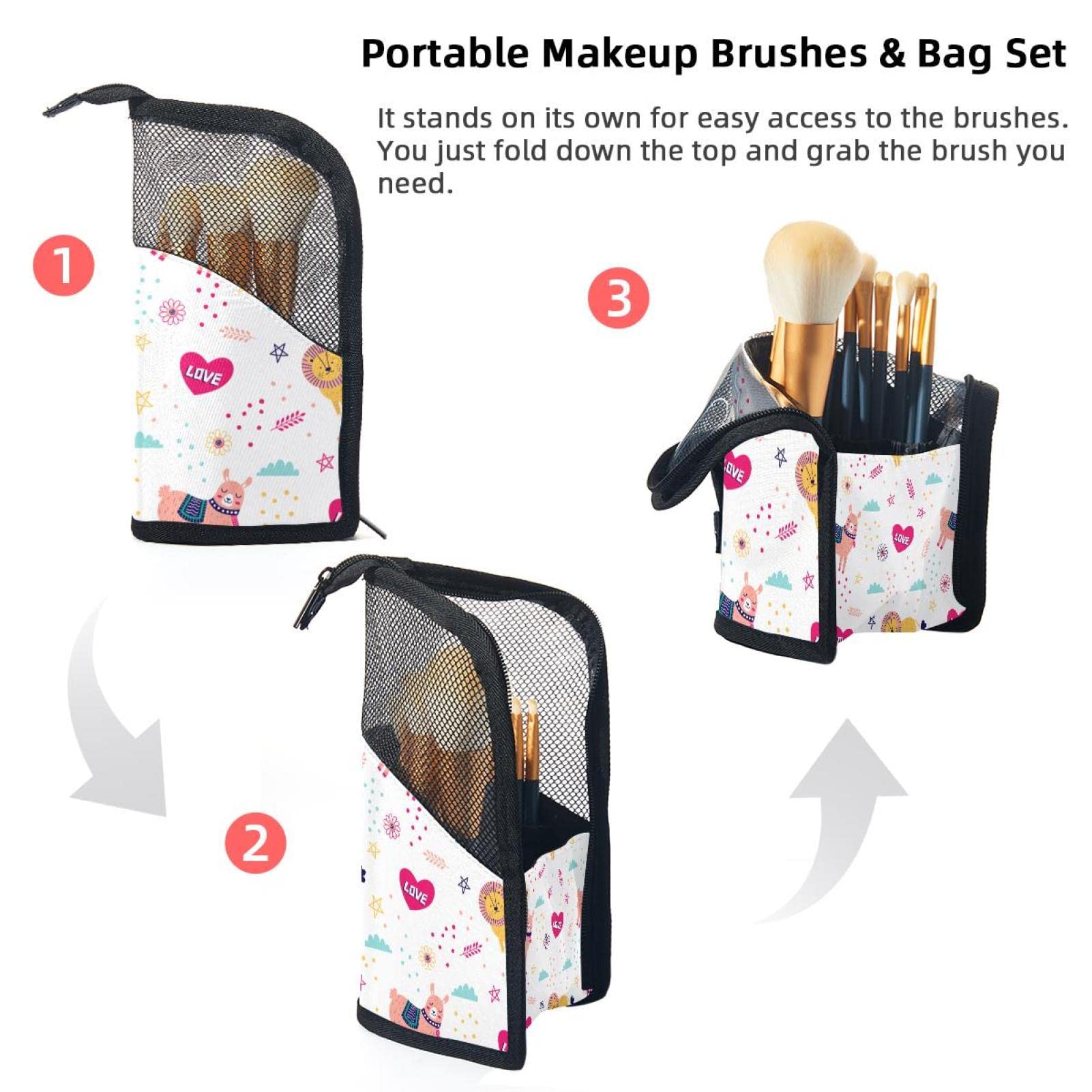 12-Piece Makeup Brush Organizer Bag with Colorful Doodle Animal Design - Portable Cosmetic Brush Holder Case for Travel & Home Vanity Storage