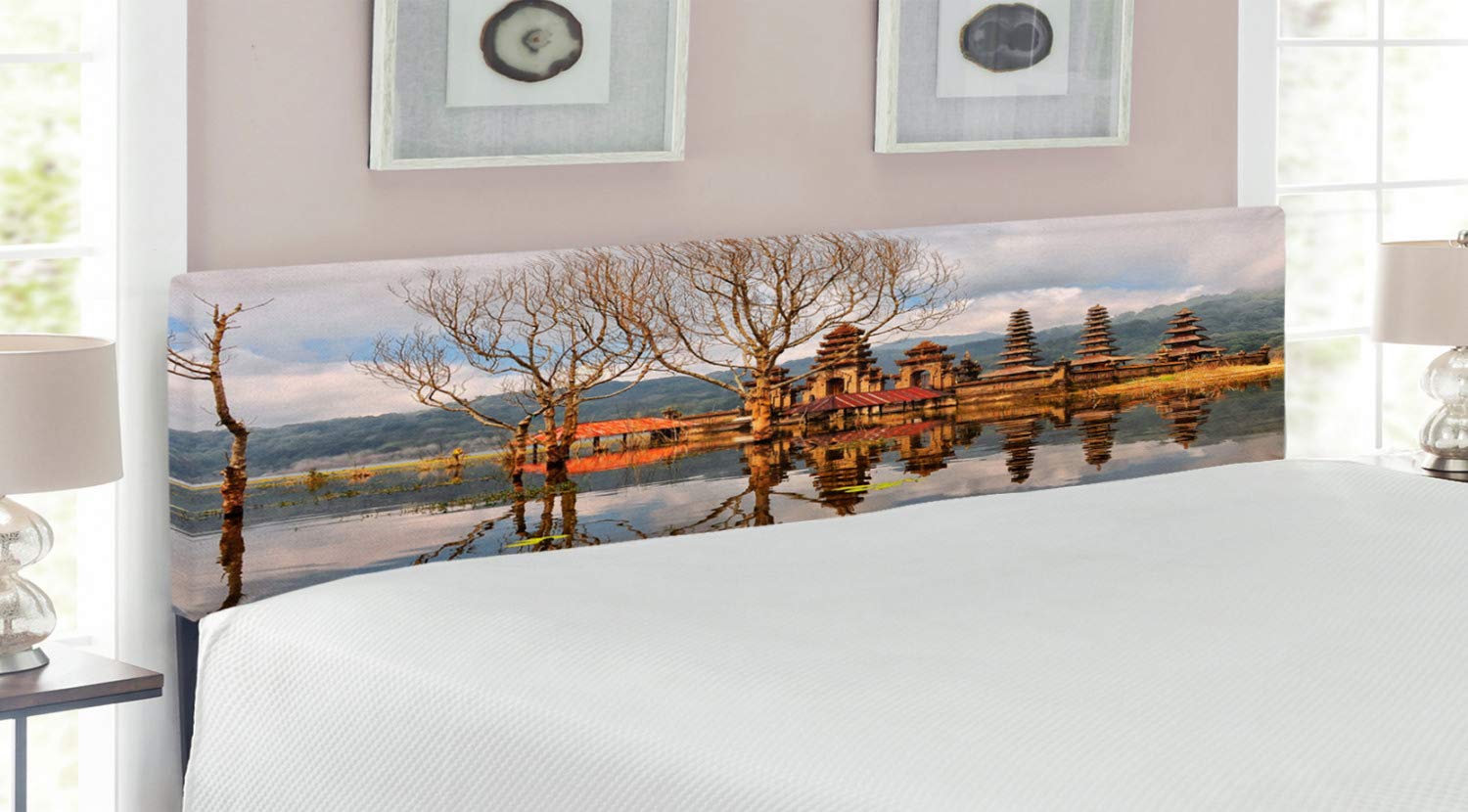 Ambesonne Balinese Headboard - King Size Upholstered Metal Bed Headboard with Memory Foam, Forest Trees & Cloudy Sky Reflection on Lake Tamblingan Landscape (Brown & Grey) - Perfect for Bedroom Decor & Cozy Home Atmosphere