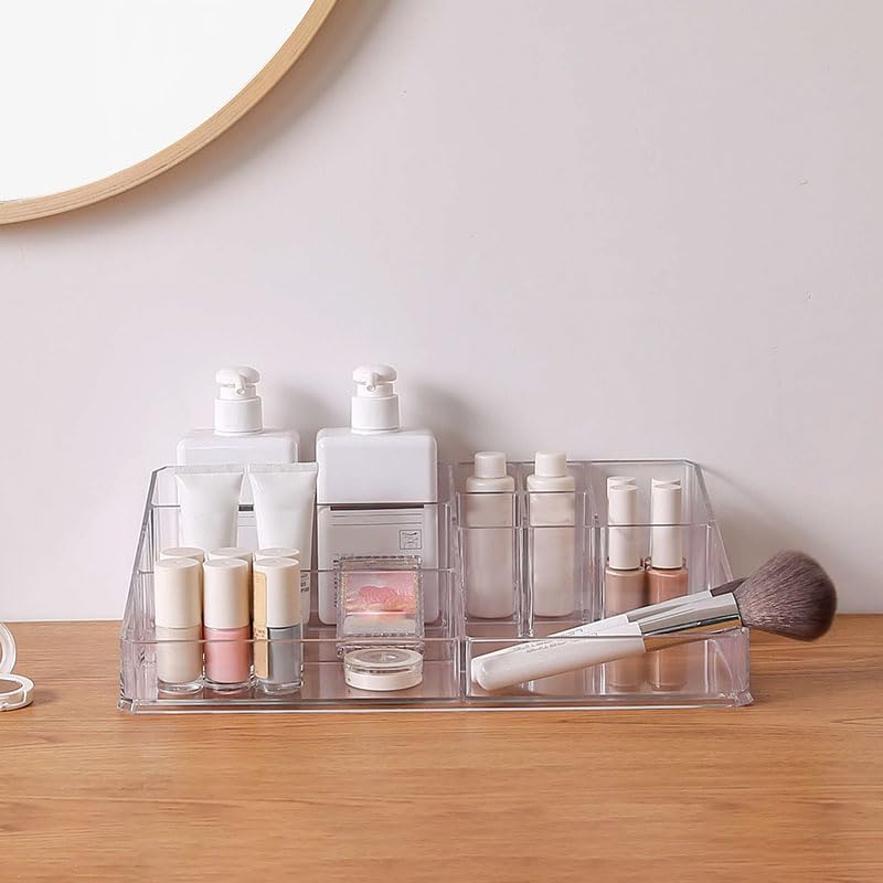 Jucoan 2 Pack Clear Acrylic Makeup Organizer Tray - 9 Compartment Vanity Storage for Cosmetics, Skincare, Lipsticks & Brushes (12.5