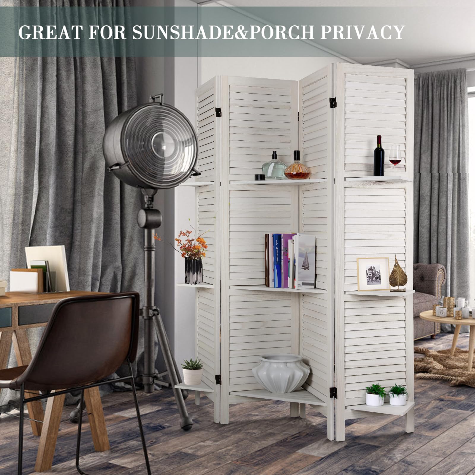 ECOMEX 5.6Ft Tall 4 Panel Wooden Room Divider with Shelves - Folding Privacy Screen for Bedroom, Home Office & Living Room - Double Hinged Room Separator in White - Perfect for Creating Private Spaces, Home Organization & Room Partition