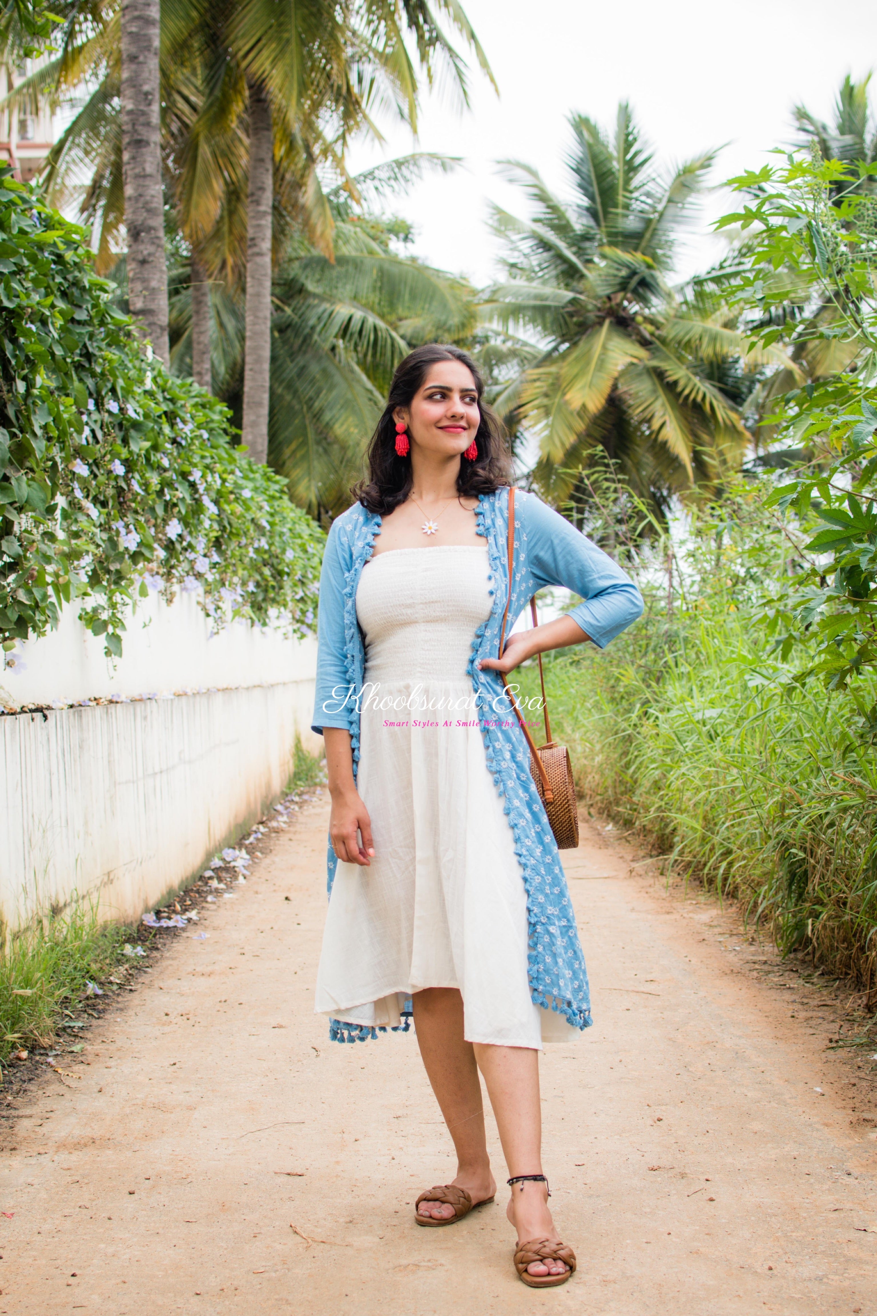 Blue & White Embroidered Jacket Maxi Dress for Women - Elegant Floral Embroidery Long Dress with Detachable Jacket - Perfect for Weddings, Parties & Special Occasions