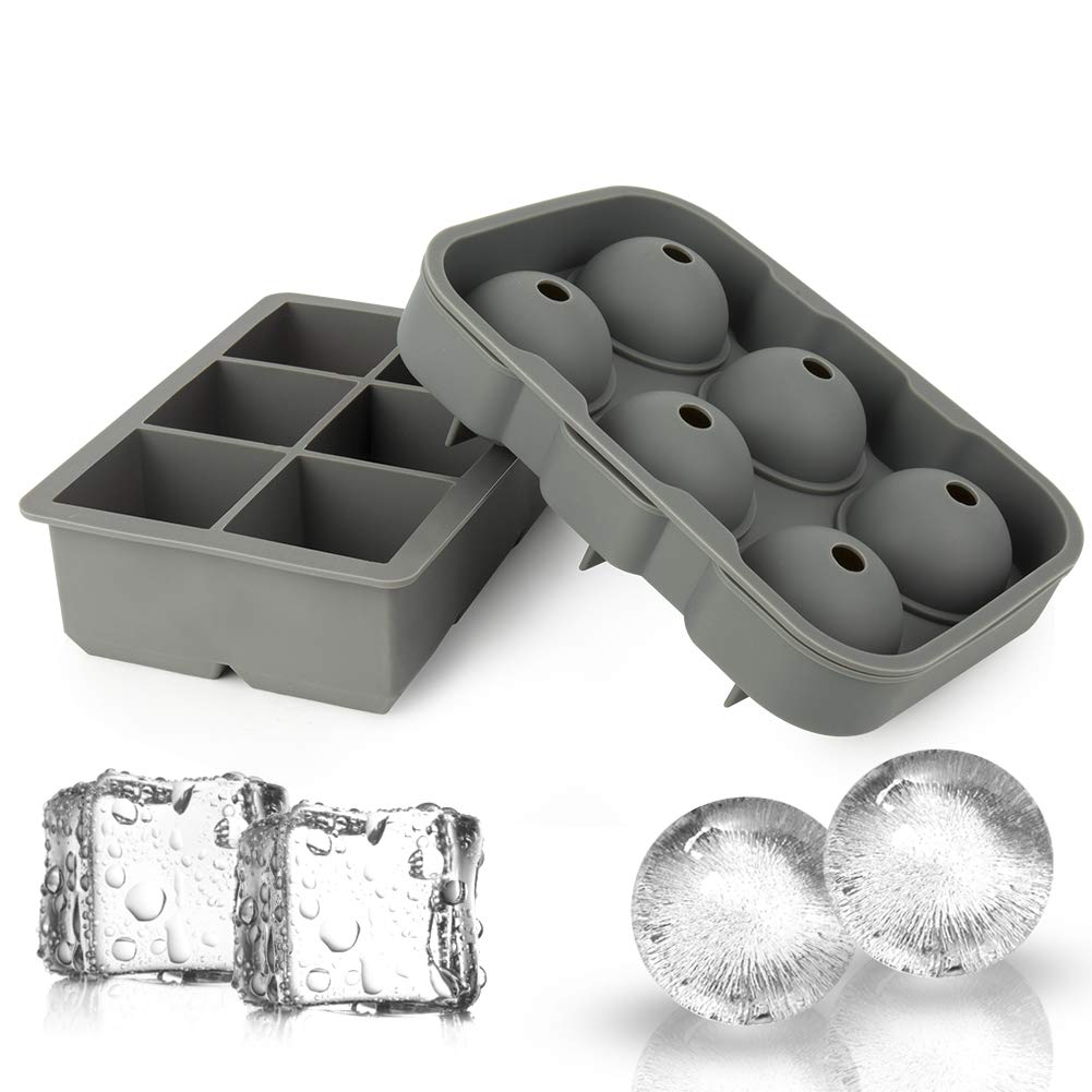 Premium Silicone Ice Cube Trays Set of 2 - Large Square & Sphere Ice Ball Molds with Lids for Whiskey, Cocktails, Brandy - Perfect for Home Bars, Parties & Gifts (Grey)