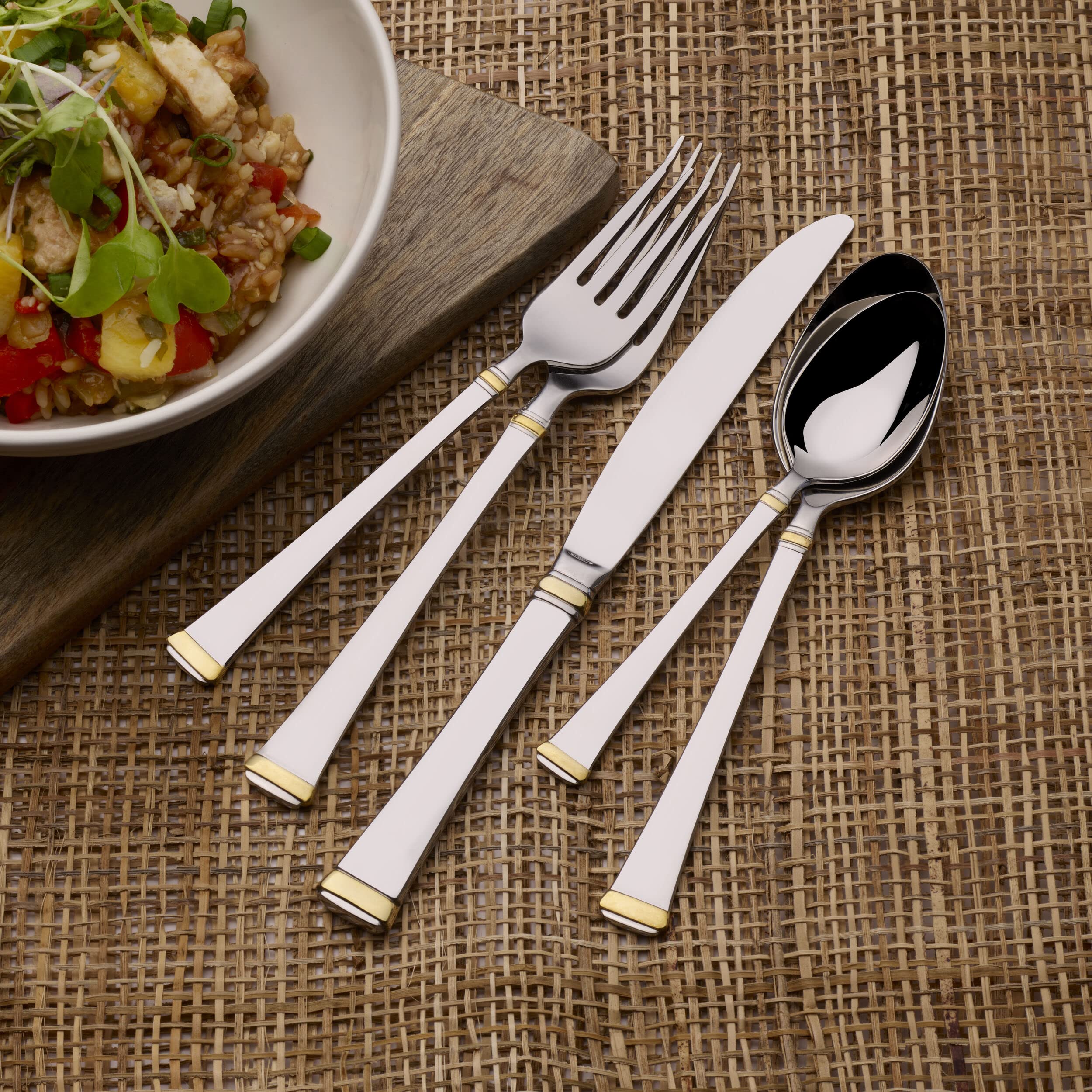 Premium Mikasa 65-Piece Gold Accent Harmony Flatware Set for 12 - 18/10 Stainless Steel Silverware with Serving Utensils - Elegant Dinnerware for Weddings, Holidays & Formal Dining