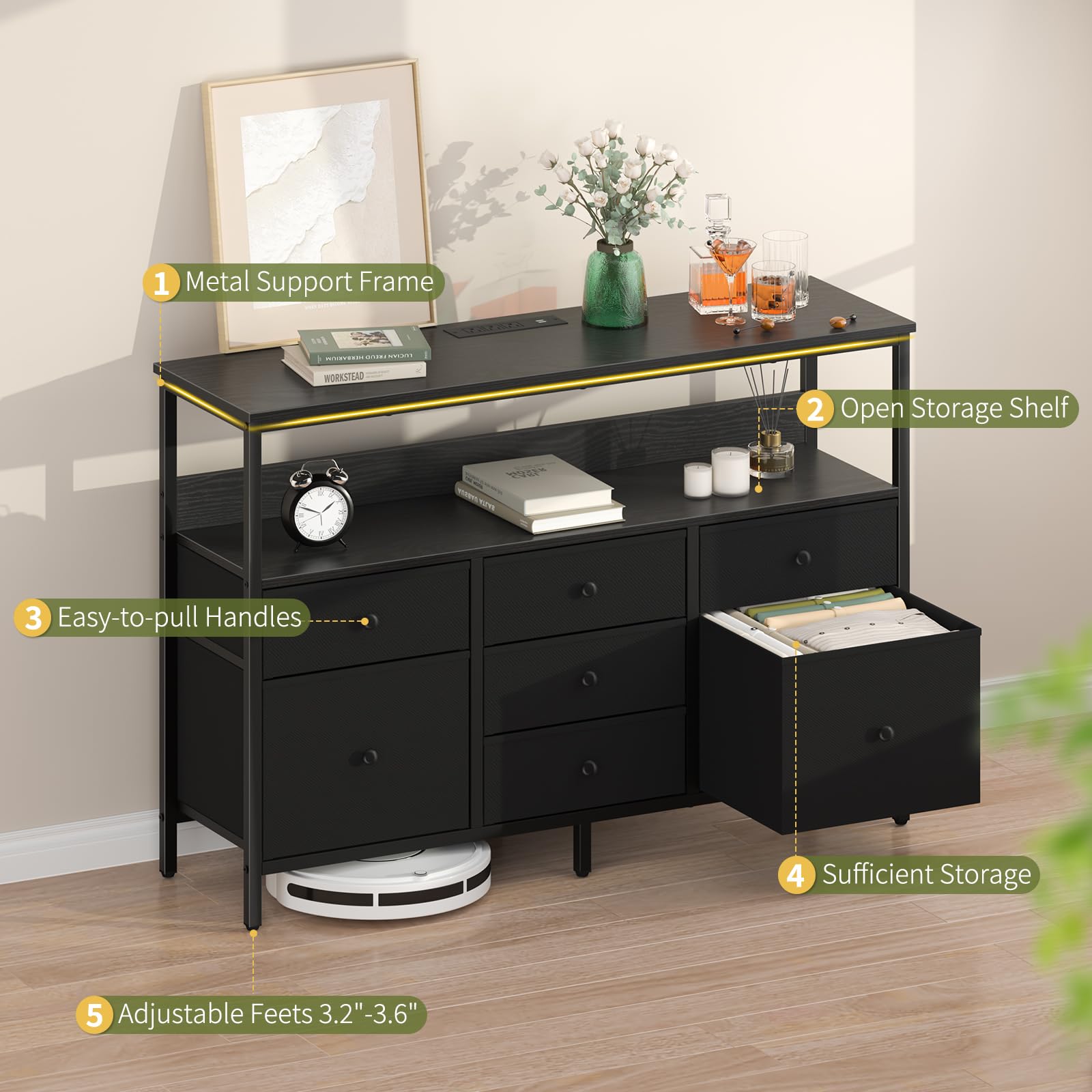 Yoobure 50 Inch LED TV Stand with Power Outlets - 7 Drawer Kids Dresser & Entertainment Center with Storage Shelf - Modern TV Console for Bedroom, Living Room | Perfect for Small Spaces, Gaming Setup & Media Storage