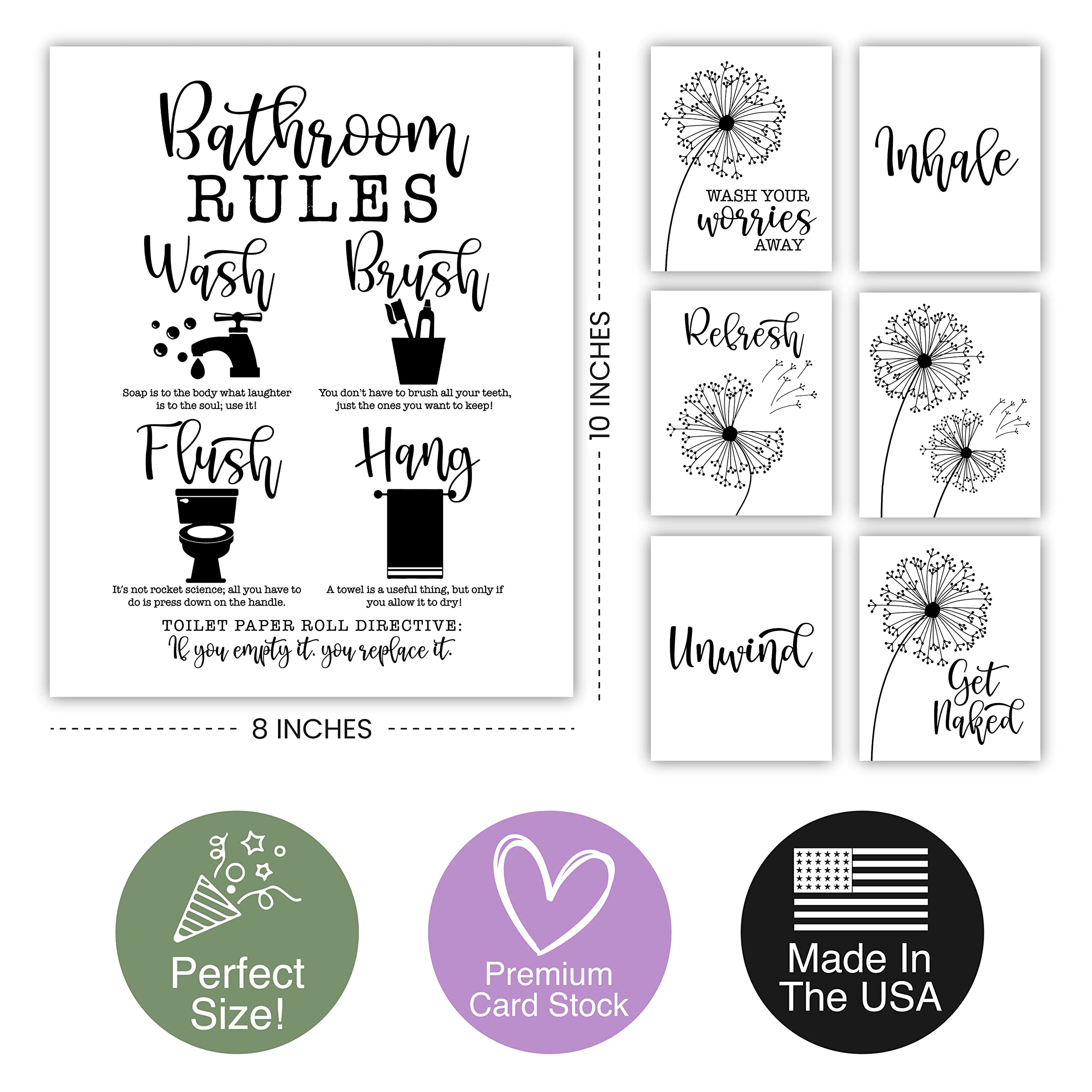 Hadley Designs 6-Piece Reversible Dandelion Wall Art Set - 8x10 Farmhouse Bathroom Decor with Relaxing Signs & Bathroom Rules - Perfect for Spa-Like Bathrooms, Guest Suites & Cozy Powder Rooms