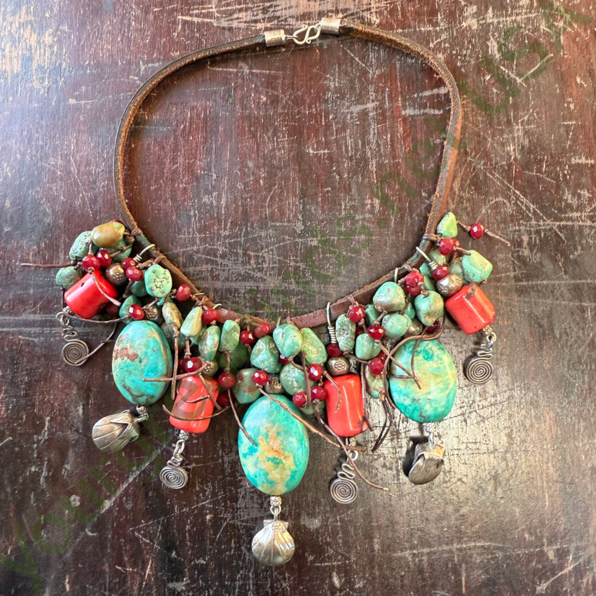 Handmade Sterling Silver Leather Charm Necklace with Coral & Turquoise - Perfect for Boho Style, Beach Outfits & Everyday Wear