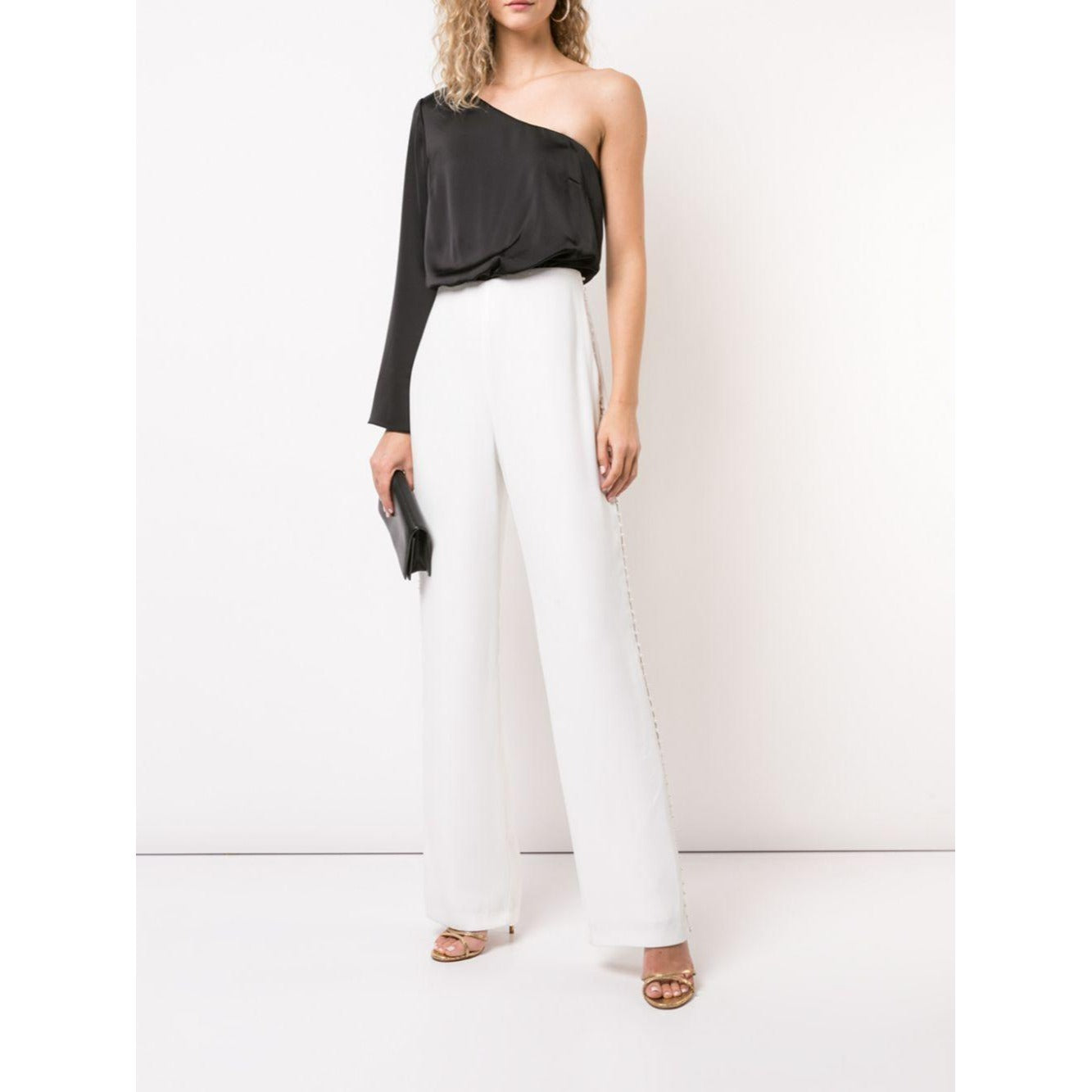 Aidan Mattox Women's Asymmetric Long Sleeve Jumpsuit - Black & Ivory | Elegant One-Piece Romper for Evening Parties, Date Nights & Special Occasions