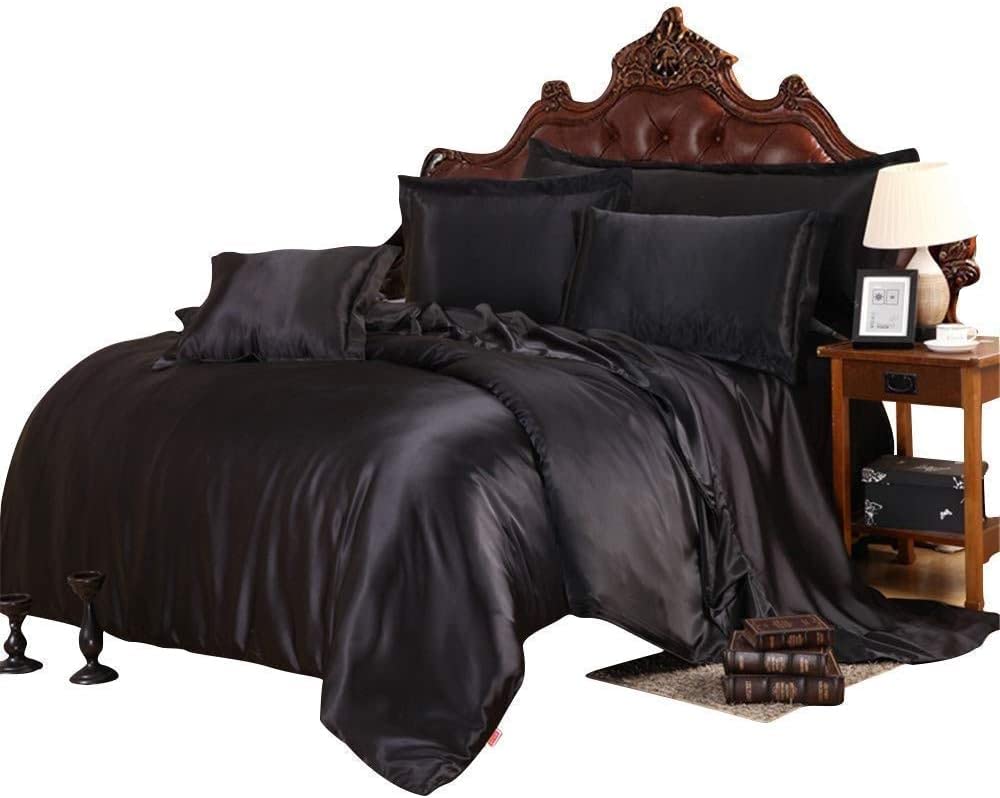 Premium Silk Satin Luxury Comforter Set - Ultra Soft Quilted Linen Alternative, 3-Piece (1 Comforter + 2 Pillowcases) for Twin/Twin XL Bed, Black - Perfect for Cozy Bedrooms, Guest Rooms & Dorm Decor