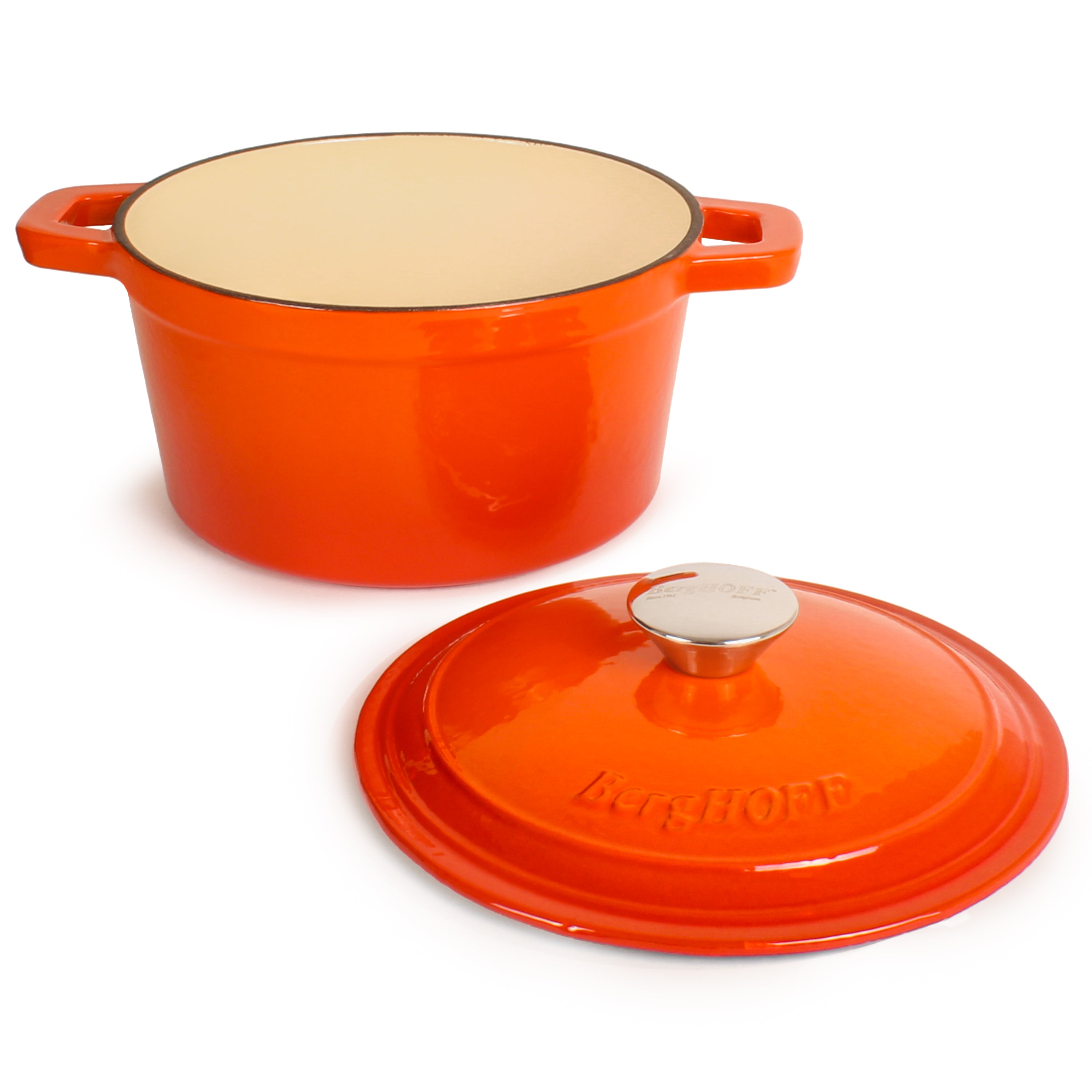 BergHOFF Neo Cast Iron 3-Quart Round Dutch Oven with Lid, Orange - Perfect for Braising, Stewing & Baking | Stovetop to Oven Safe Cookware for Home Chefs