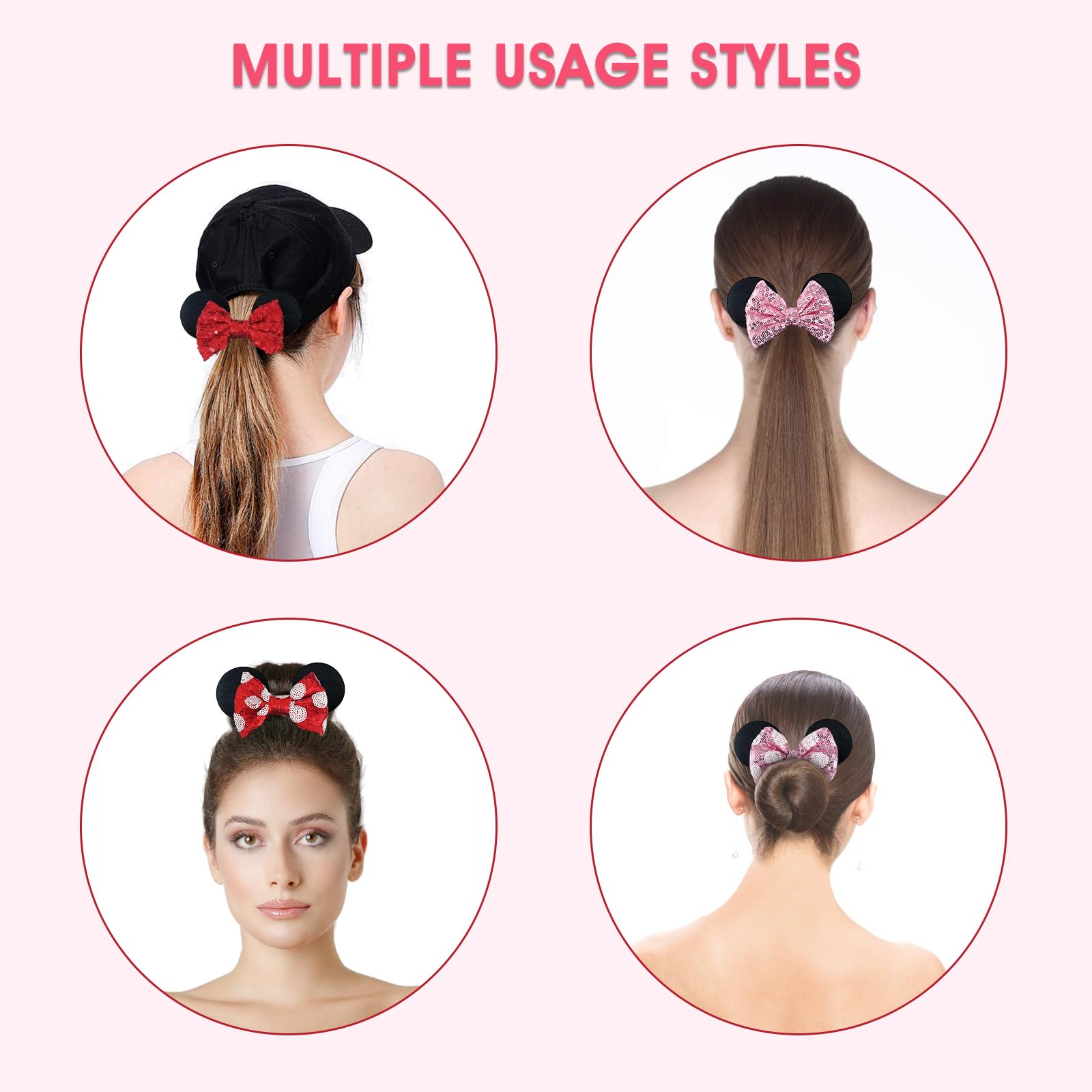 2PCS Sparkling Sequin Mouse Ears Headband with Matching Scrunchie - Women's Disney Inspired Hair Accessories for Birthday Parties, Theme Parks & Cosplay (Red)