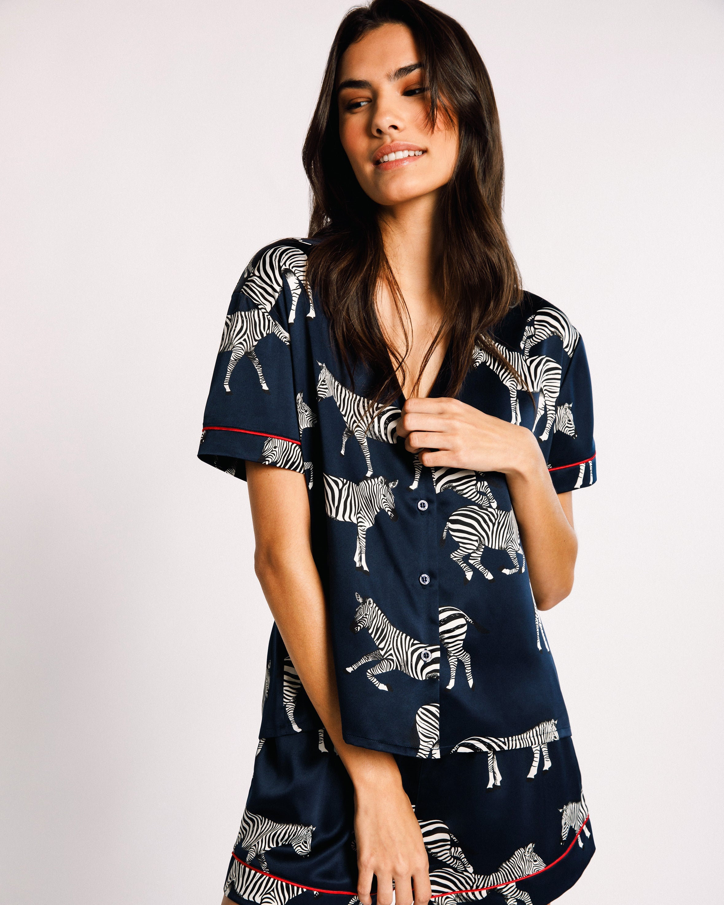Satin Zebra Print Short Pajama Set for Women - Navy Blue Sleepwear for Summer & Lounge Wear - Comfortable Nightwear for Relaxing at Home