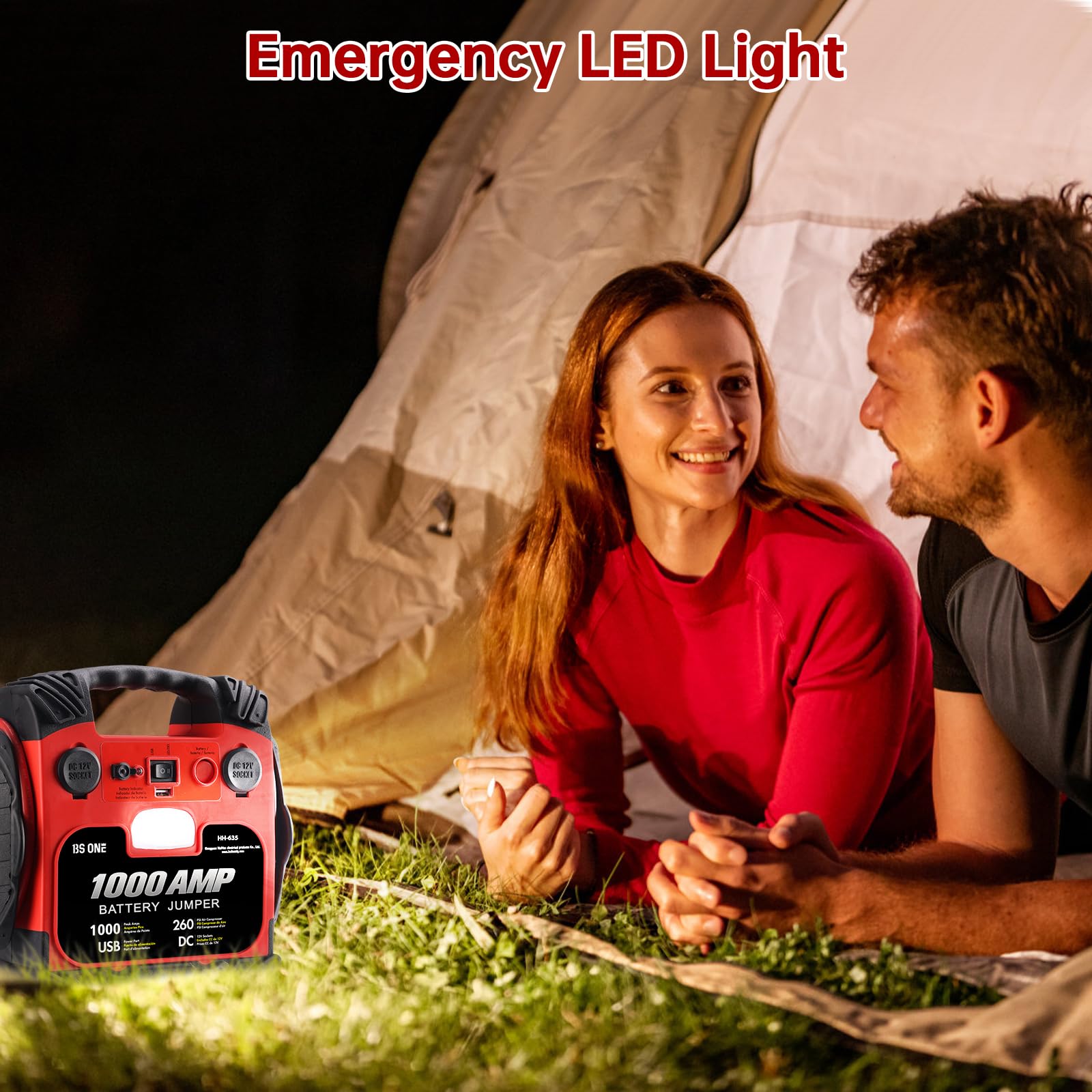 BS ONE 1000A Peak Car Jump Starter with 260PSI Air Compressor - 12V Portable Battery Booster for Dead Lead Acid Batteries, Includes LED Light & USB Output - Ideal for Emergency Roadside Assistance & Camping Power Supply