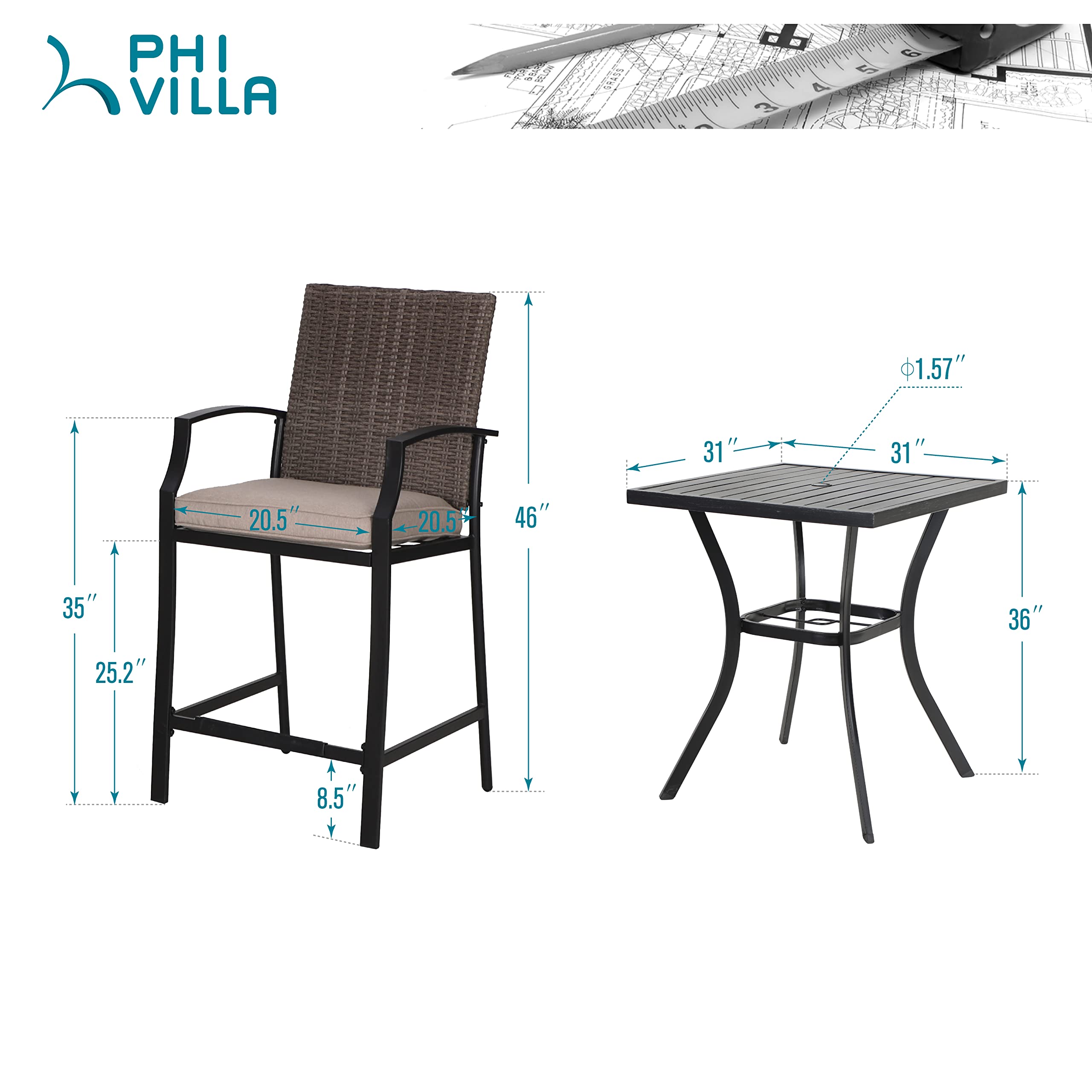 PHI VILLA 3-Piece Outdoor Patio Bar Set - 2 Rattan Bar Stools with 3.5