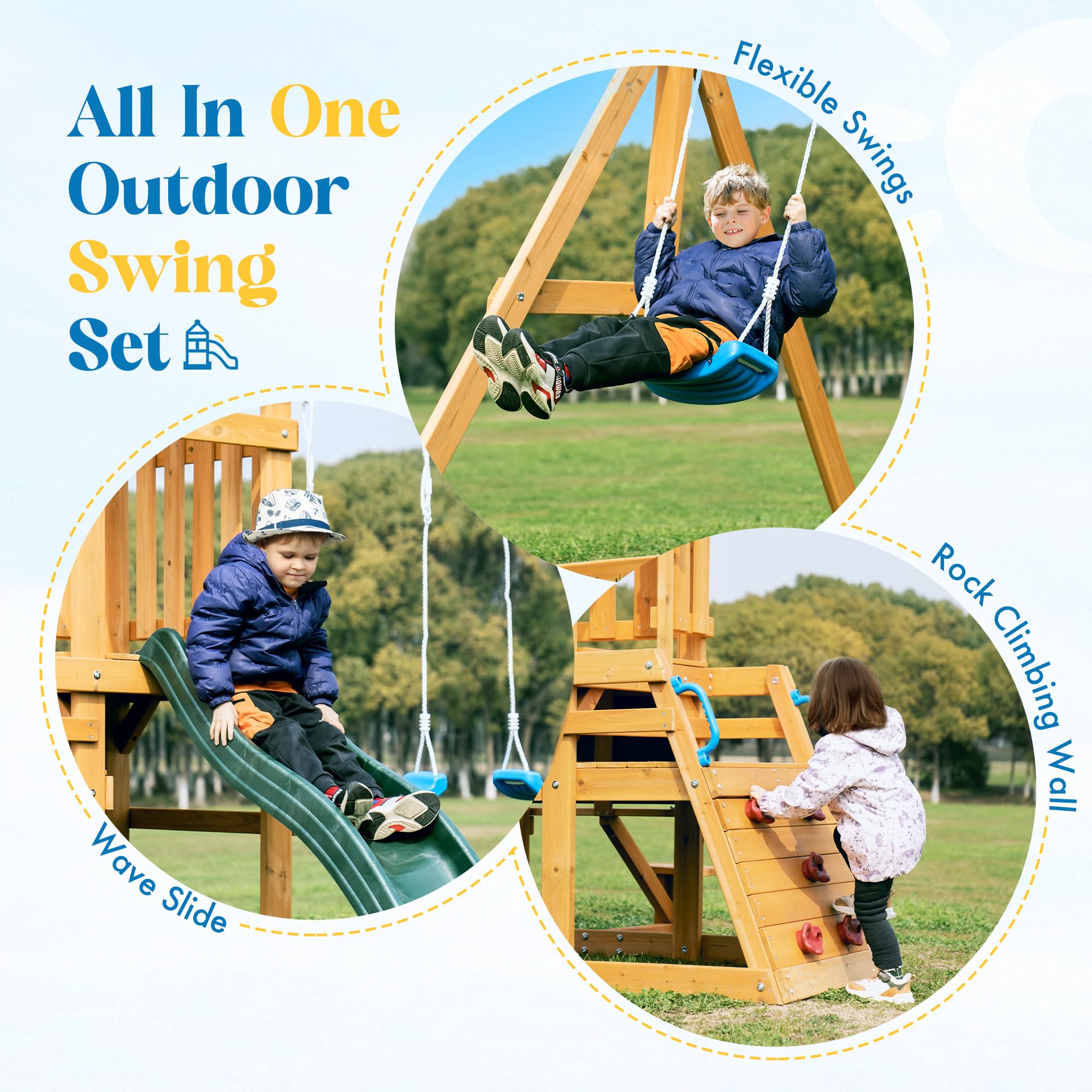 ROBOTIME All-in-One Wooden Swing Set for Backyard - Outdoor Play Equipment with Swings, Slide & Climbing Rope Ladder - Durable Kids Swing Playset for Ages 3-10 - Perfect for Backyard Fun, Playground & Outdoor Activities