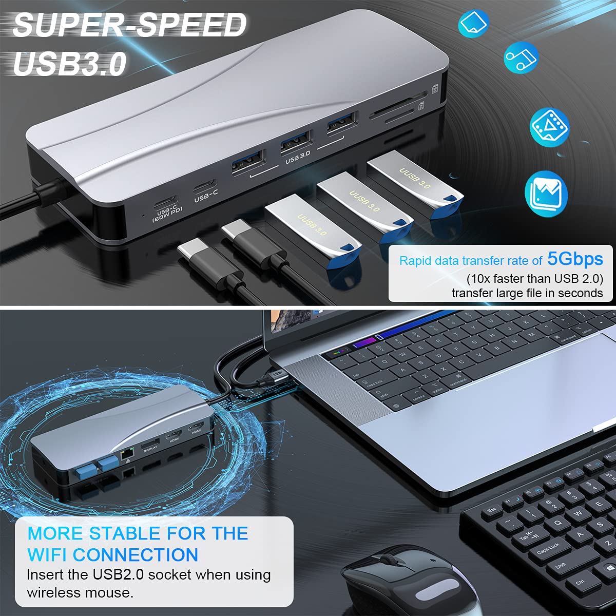 14-in-1 USB C Docking Station with Quadruple Display (2x HDMI + DP) - 4K Dual HDMI, DisplayPort, PD 3.0, USB-C, Ethernet, Audio, SD/TF Card Reader, 5 USB Ports - Compatible with MacBook Pro/Air, Windows Laptops - Perfect for Home Office, Gaming & Multi-Screen Productivity