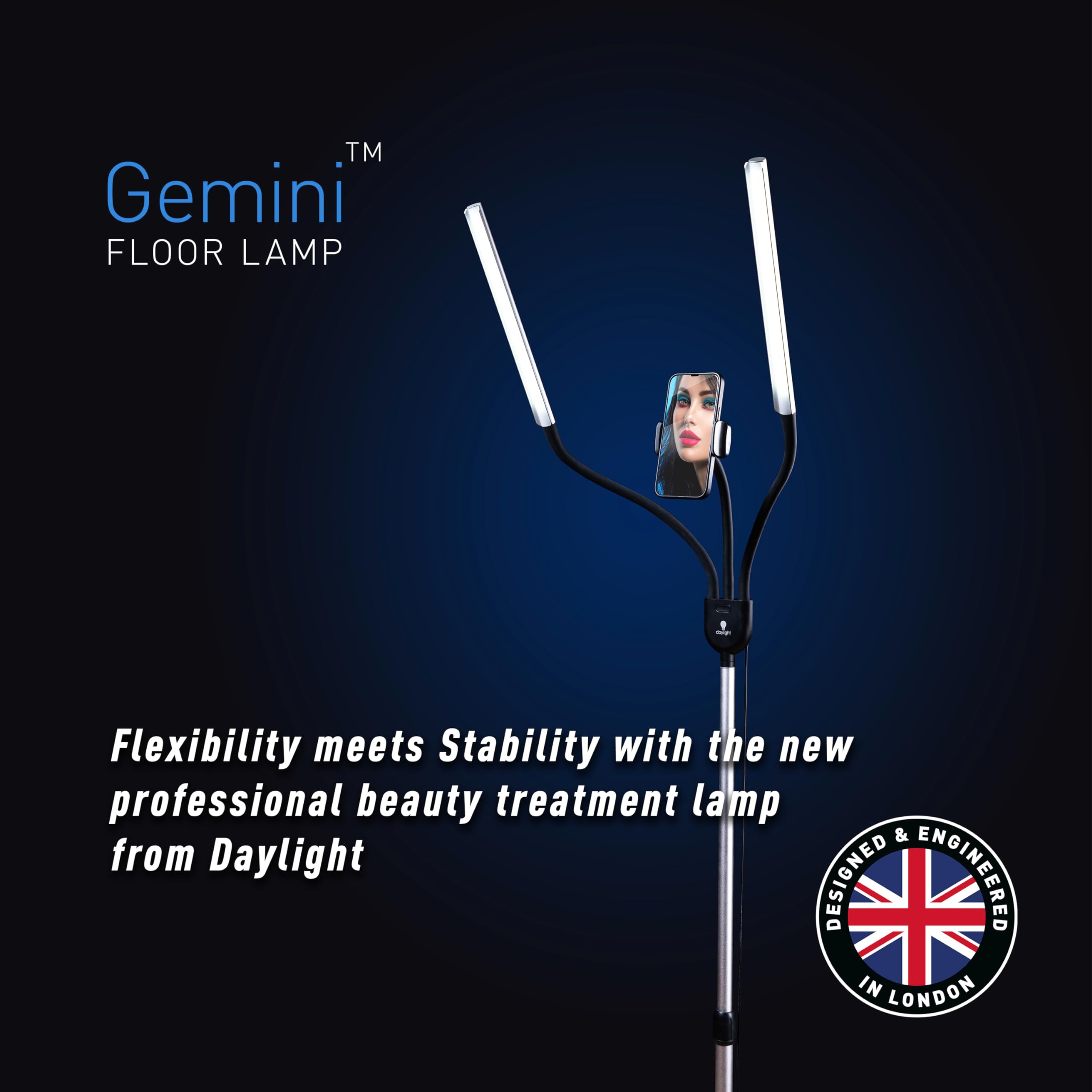 Daylight Company Gemini Floor Lamp - 2 Strobe Lamps with 4 Adjustable Brightness Levels (4,500 LUX, 1,400 Lumens) - Silver | Perfect for Social Media Photography, Nail Salons, Beauty Studios & Office Lighting
