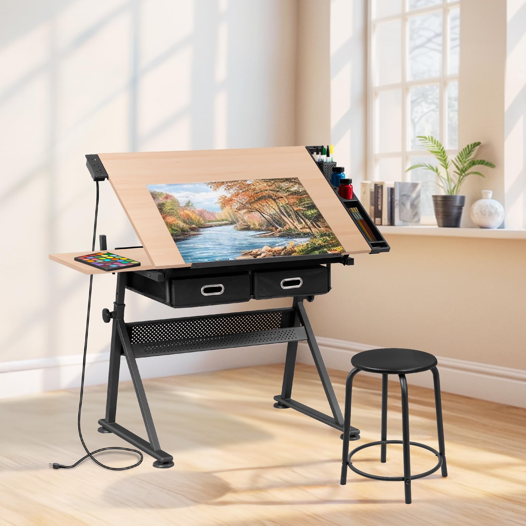 Adjustable Drafting Table with Power Outlet - Tilting Art & Craft Desk with Stool, 2 Storage Drawers - Height Adjustable Drawing Table for Artists, Architects, Students - Perfect for Home Office, Studio & Classroom Workspaces