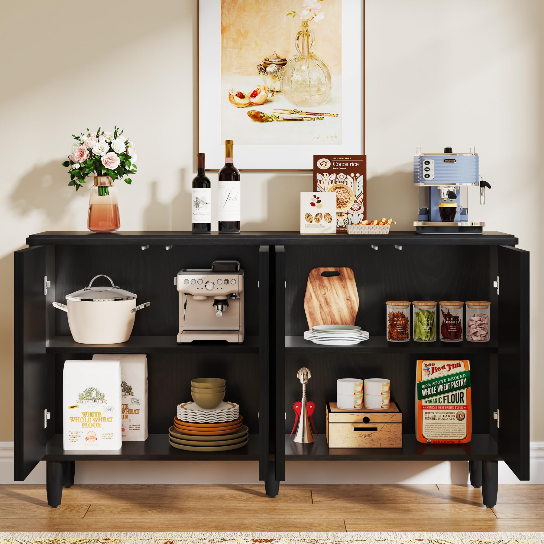 Tribesigns Modern All Black Buffet Cabinet Sideboard with Storage, Kitchen Dining Room Buffet Table with Doors for Living Room, Perfect for Home Organization and Stylish Storage Solutions