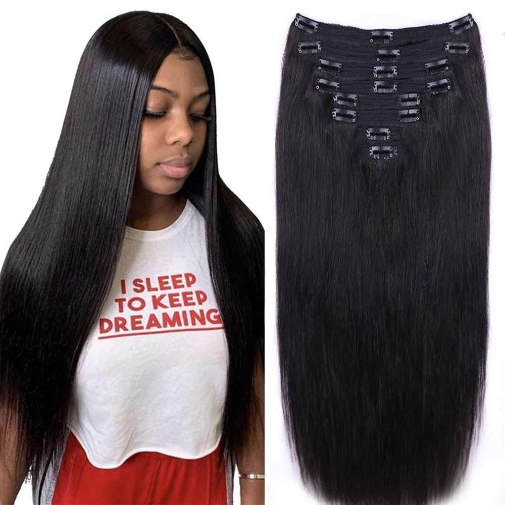 100% Unprocessed Brazilian Virgin Hair Clip-in Extensions for Black Women - 8-Piece Set with 18 Clips, 120g, 14 Inch Straight Natural Black Hair | Perfect for Daily Styling, Parties & Special Occasions