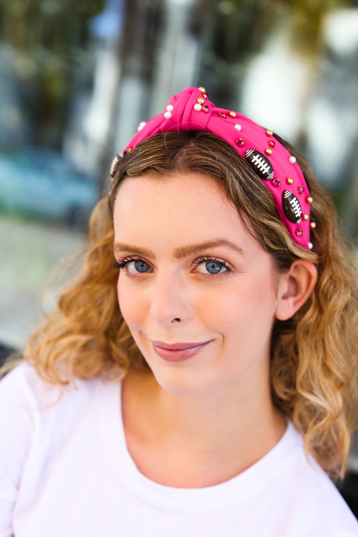 Fuchsia Stone & Gem Embellished Football Top Knot Headband for Women - Stylish Hair Accessory for Sports, Games, and Casual Wear