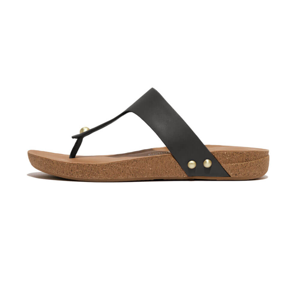 FitFlop Iqushion Leather Toe Post Sandals for Women - Comfortable Black Flip Flops with Arch Support - Perfect for Beach, Pool, and Summer Walking